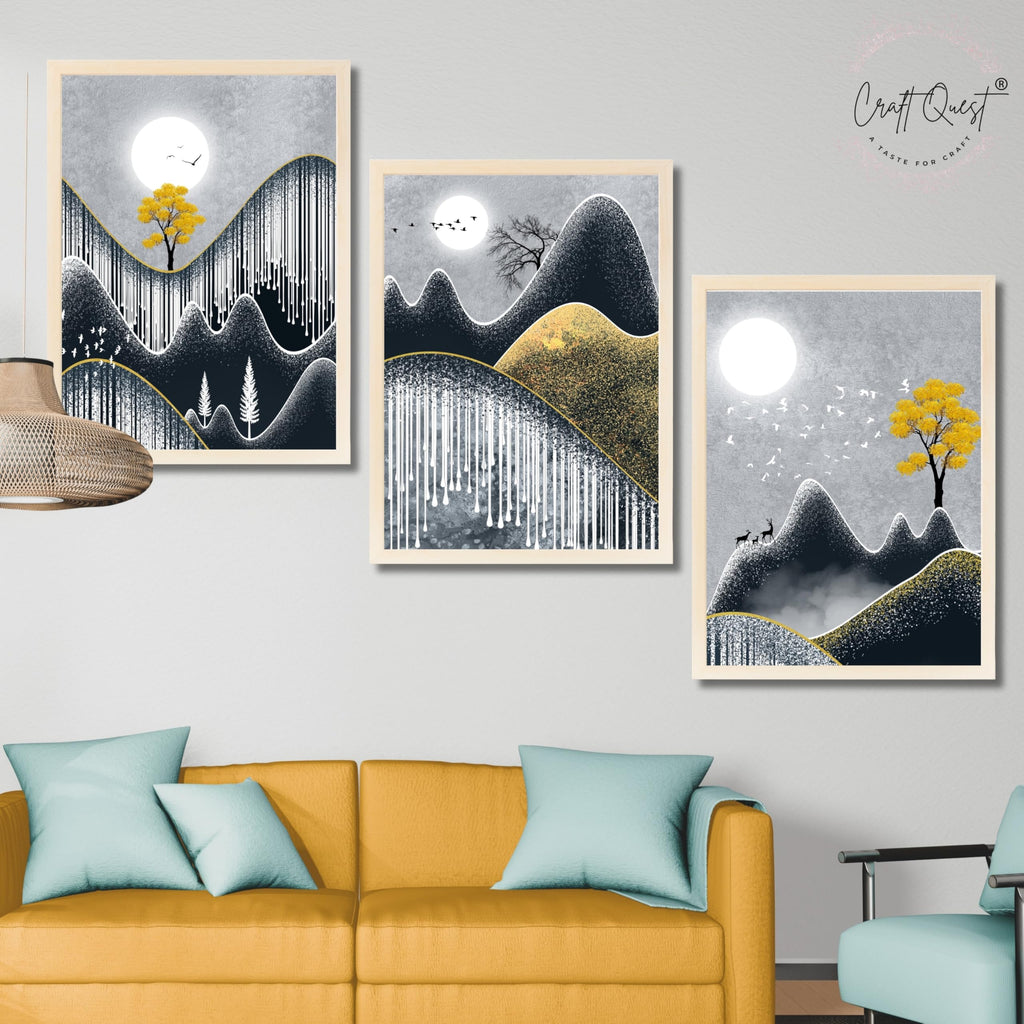 CRAFT QUEST Abstract Art Geometric Figures Decorative Murals | Set of 3 Frames for Home Decoration | Ideal for Living Room, Bedroom & Offices