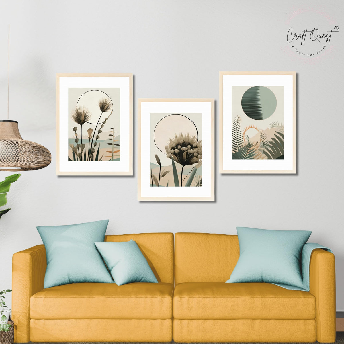 CRAFT QUEST Boho Abstract Flowers & Leaves | Set of 3 Frames for Home Decoration | Ideal for Living Room, Bedroom & Offices