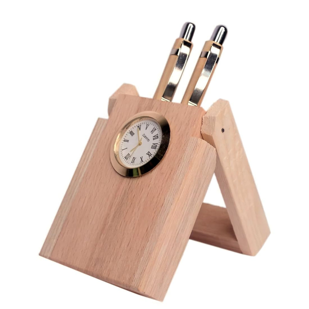 Craft Quest Penholder with Clock Wooden Dual Pen Holder with 2 Wooden-Pens and Table Clock for Office Table/Study Table