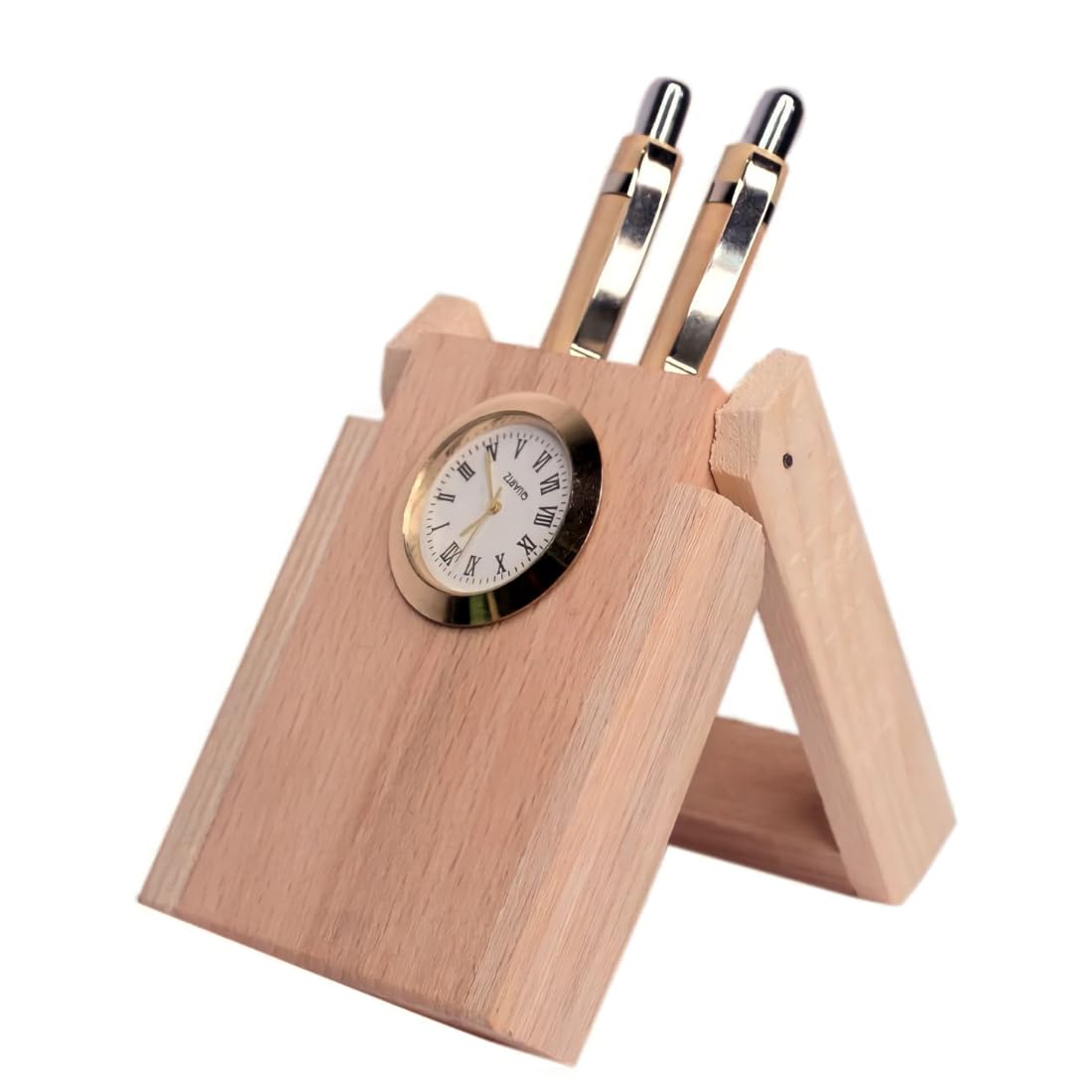 Craft Quest Penholder with Clock Wooden Dual Pen Holder with 2 Wooden-Pens and Table Clock for Office Table/Study Table
