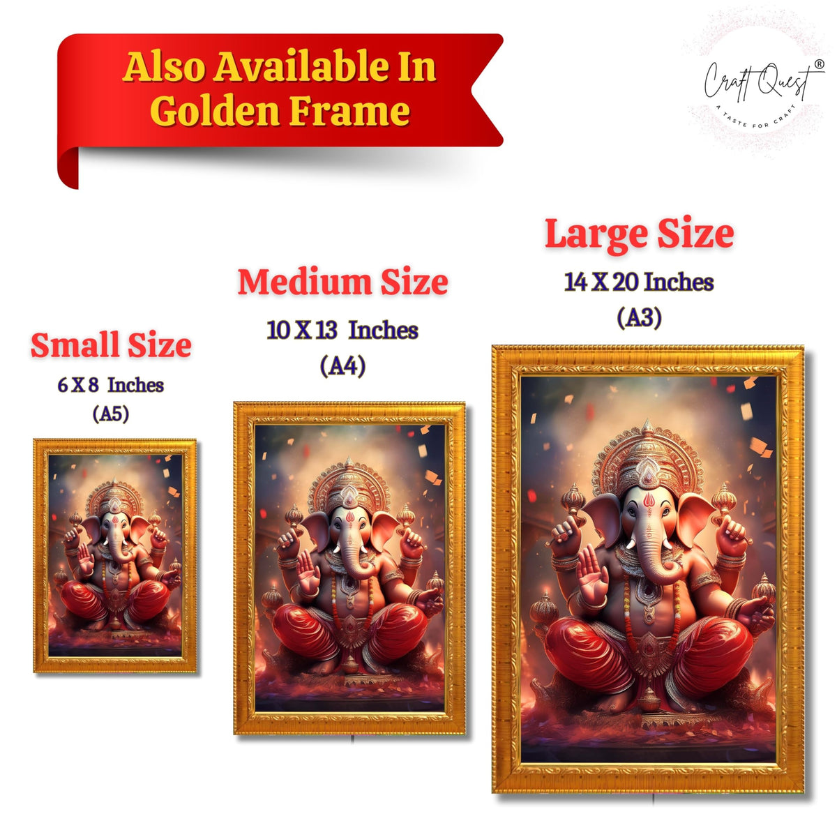 CRAFT QUEST Lord Ganesha Ji Laminated God Photo Frame Wall Decor Mandir Pooja Poster Religious Painting Divine Hindu Temple Decoration Spiritual Blessings Home Office Gift