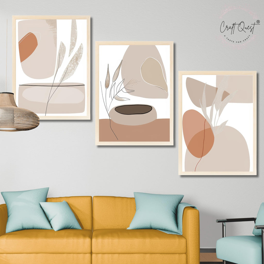 CRAFT QUEST Modern Art White Wall Abstract Wall Art | Set of 3 Frames for Home Decoration | Ideal for Living Room, Bedroom & Offices