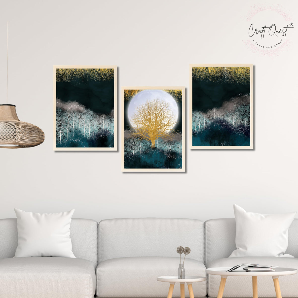CRAFT QUEST Modern Art Christmas Trees & Mountains Landscape Wall Art | Set of 3 Frames for Home Decoration | Ideal for Living Room, Bedroom & Offices