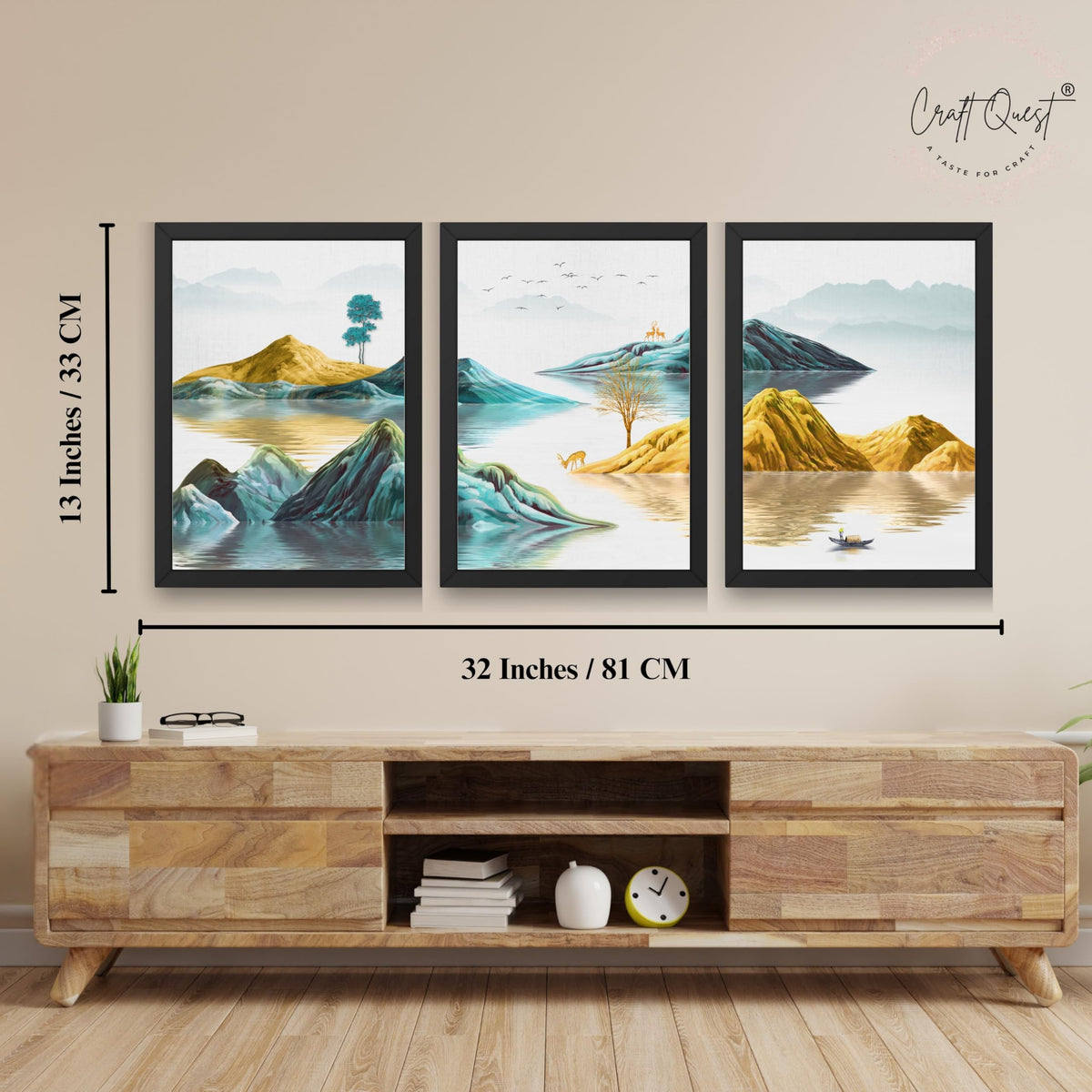 CRAFT QUEST Modern Art Abstract Geometric Gold Lines Wall Art | Set of 3 Frames for Home Decoration | Ideal for Living Room, Bedroom & Offices