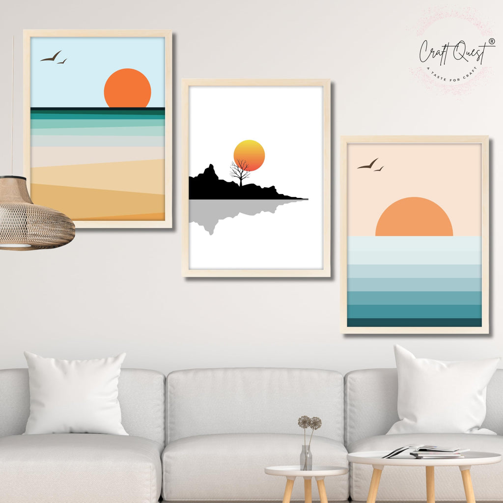 CRAFT QUEST Nature Inspired Abstract Of Sunset Wall Art | Set of 3 Frames for Home Decoration | Ideal for Living Room, Bedroom & Offices