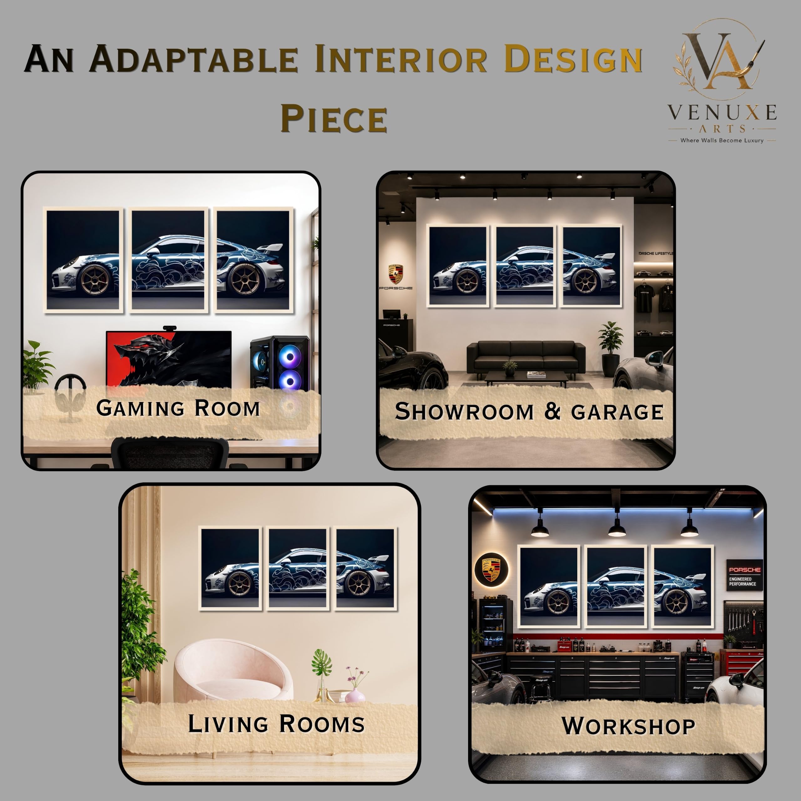 VENUXE ARTS Set Of 3 Big Sports Cars Framed Posters Gift Items for Boys Room Wall Decoration Bedroom Living Room Office Studio Décor | Car Poster Frame for Wall Décor