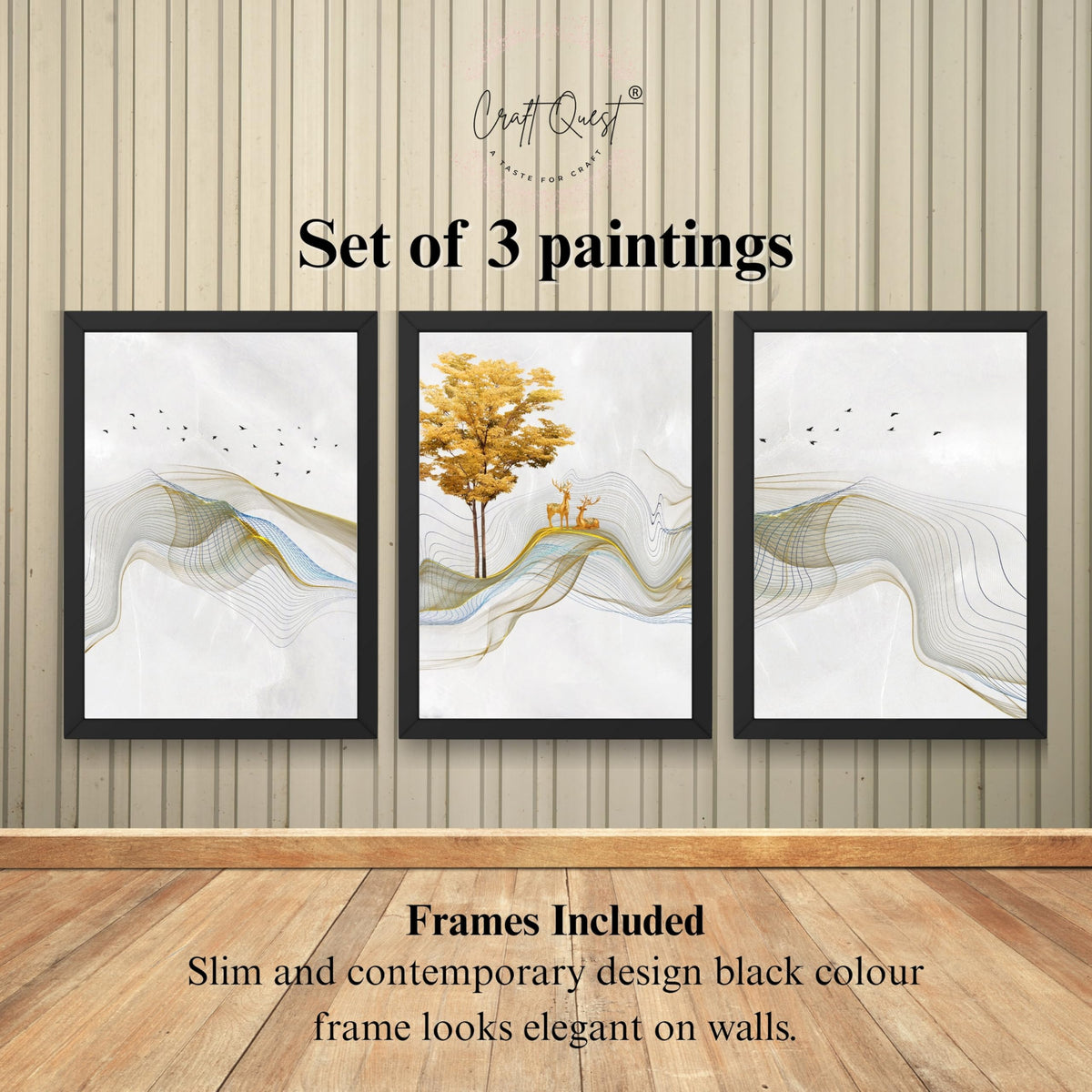 CRAFT QUEST Modern Art Landscapes Sanlian Adornment Wall Art | Set of 3 Frames for Home Decoration | Ideal for Living Room, Bedroom & Offices