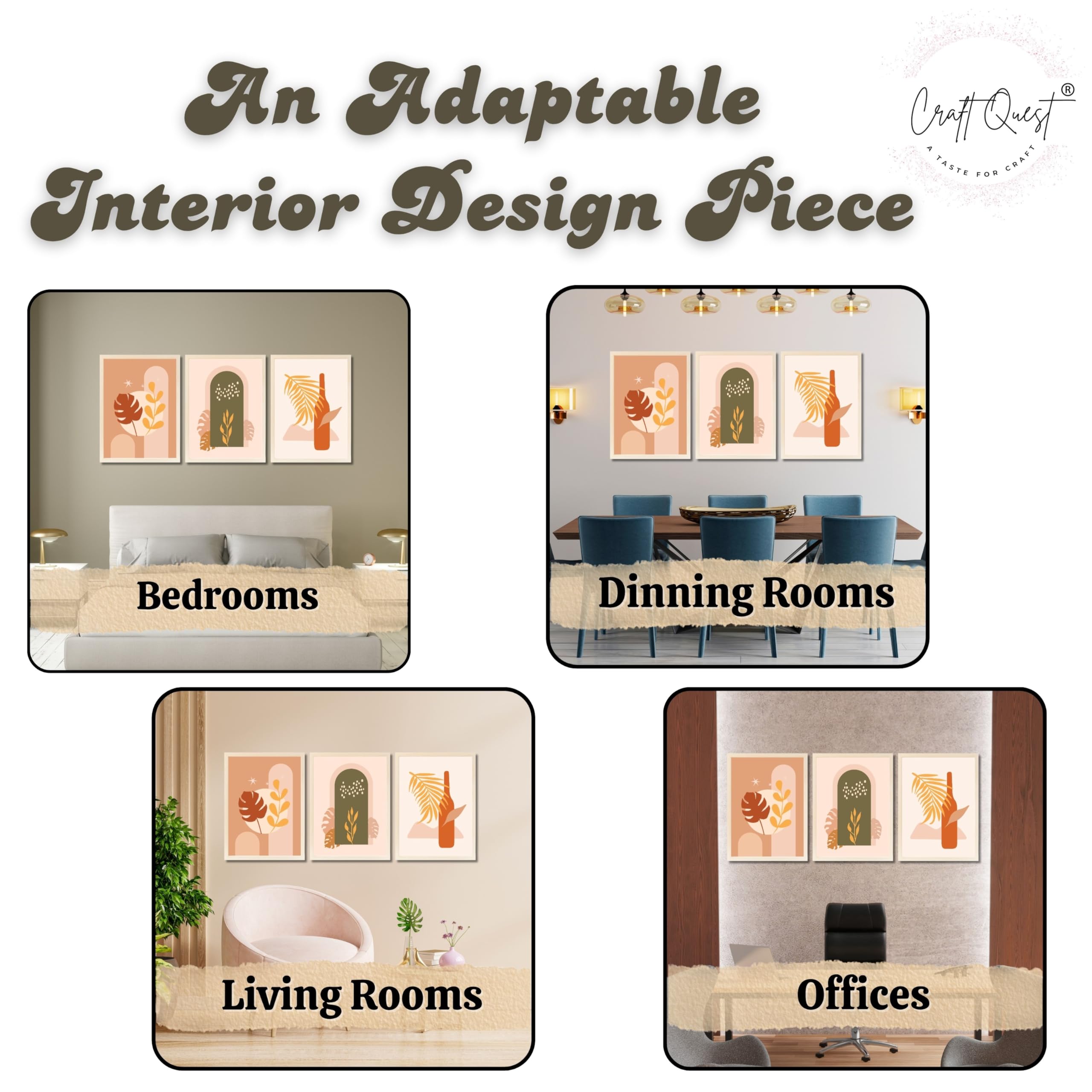 CRAFT QUEST Wall Art Decor Paintings | Set of 3 BOHO Wall Art Frames for Home Decoration | Ideal for Living Room, Offices & Bedrooms