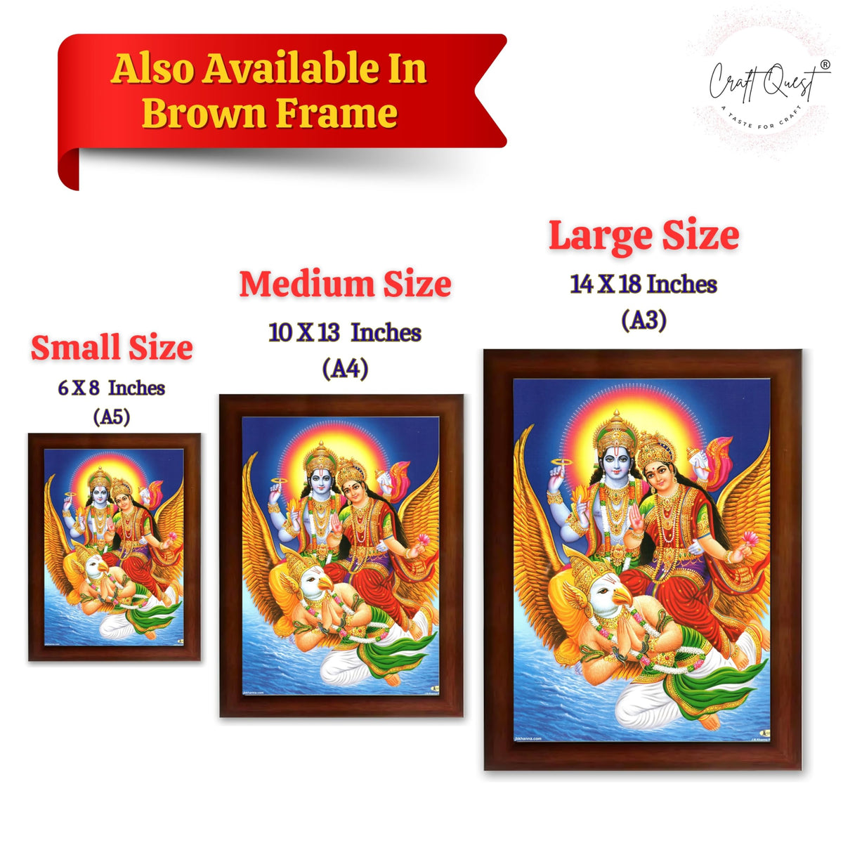 CRAFT QUEST Lord Vishnu and Goddess Lakshmi Giving Blessing on Garud Jii, Glitter Work Painting wooden framed