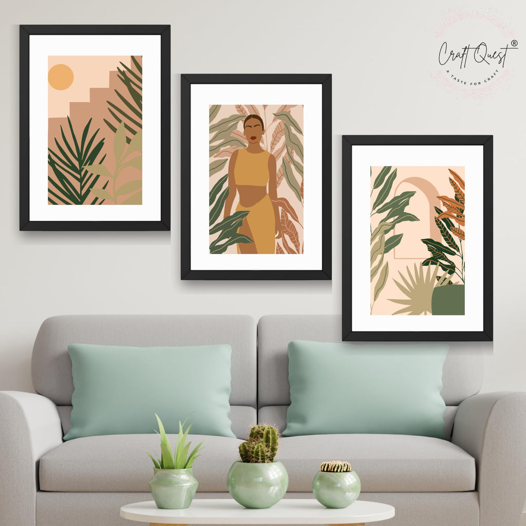 CRAFT QUEST Beautiful Abstract Of American Woman & Tropical Leaves Wall Art | Set of 3 Frames for Home Decoration | Ideal for Living Room, Bedroom & Offices