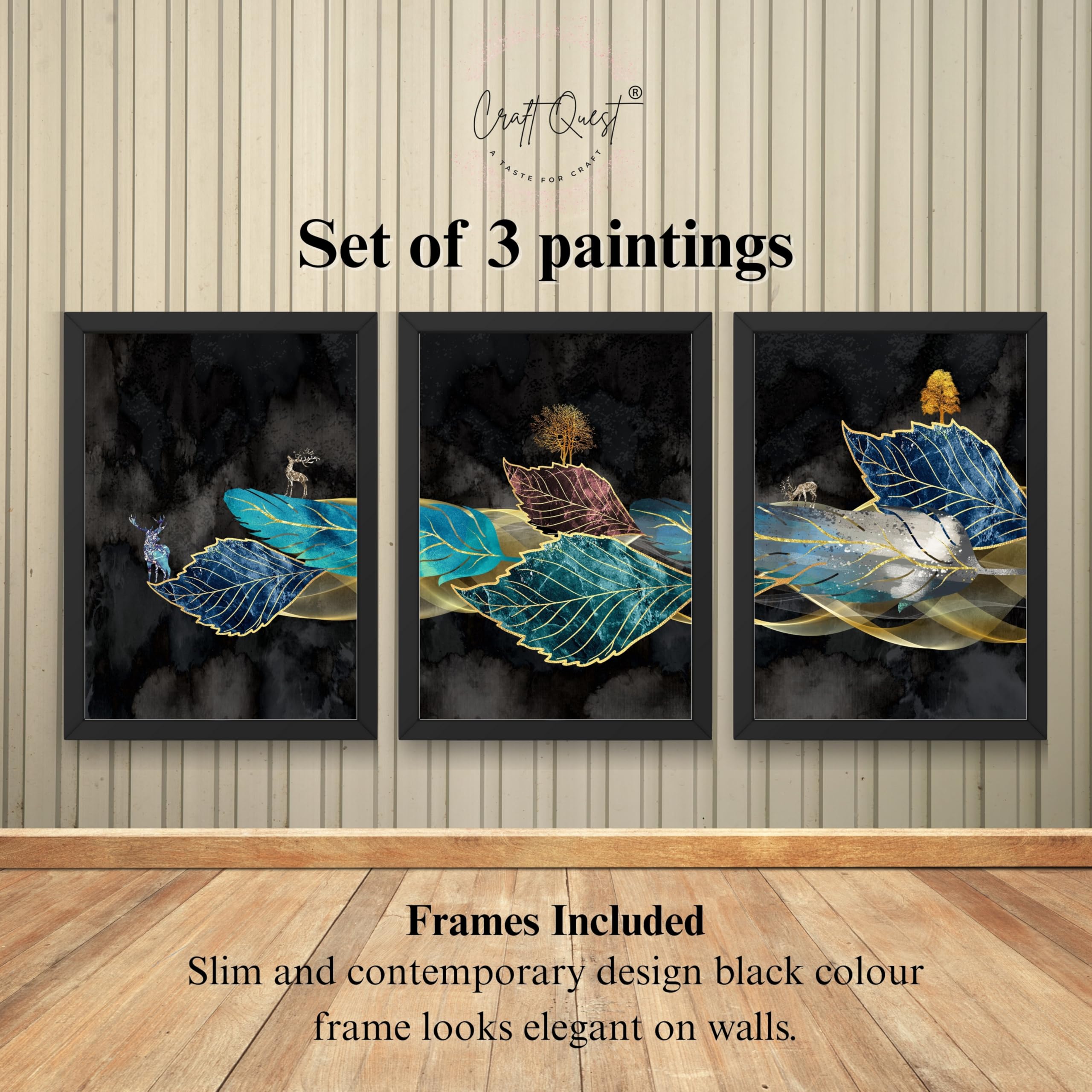 CRAFT QUEST Modern Art Blue,Turquoise & Red Leaves Wall Art | Set of 3 Frames for Home Decoration | Ideal for Living Room, Bedroom & Offices