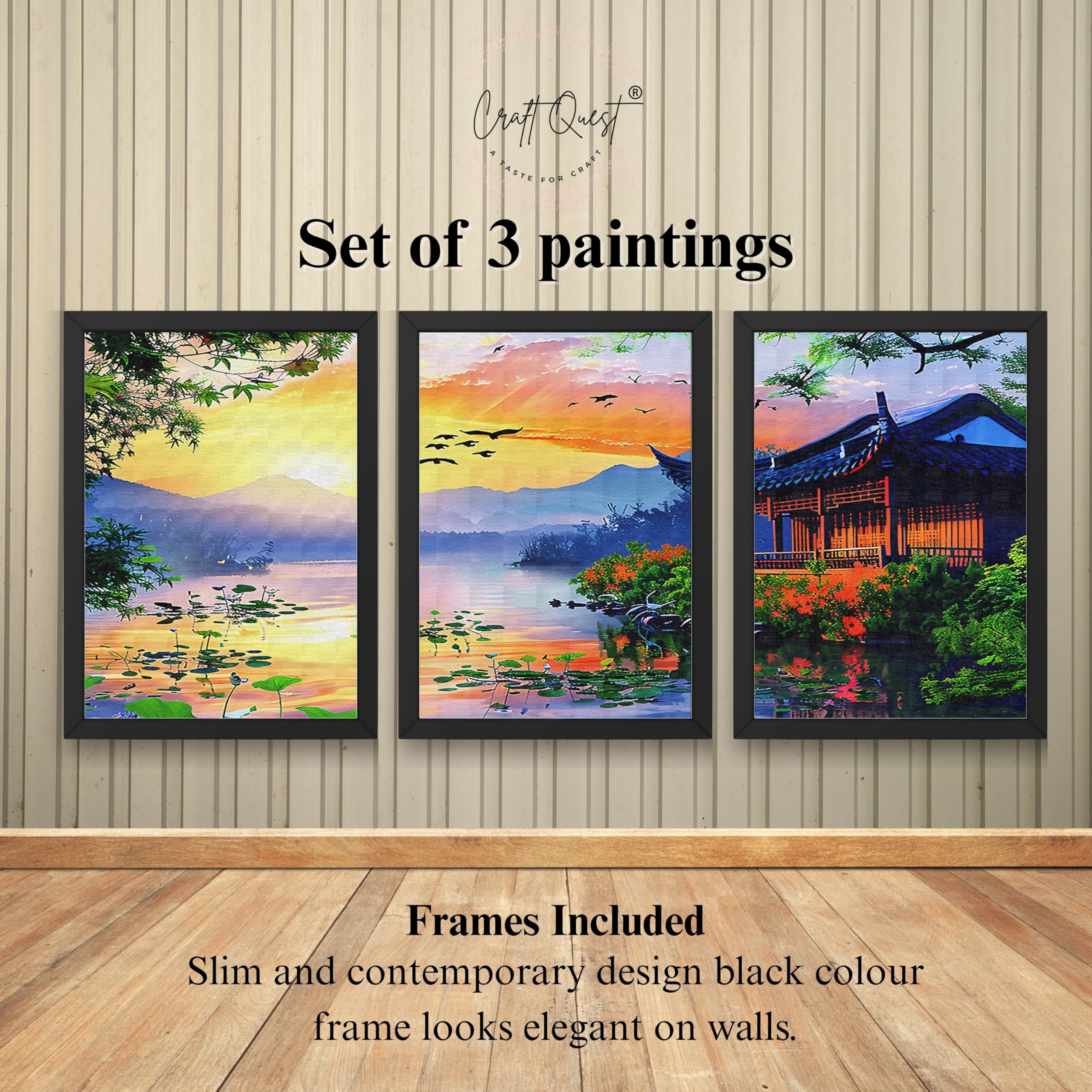 CRAFT QUEST Modern Art Of Sunset Wall Art | Set of 3 Frames for Home Decoration | Ideal for Living Room, Bedroom & Offices