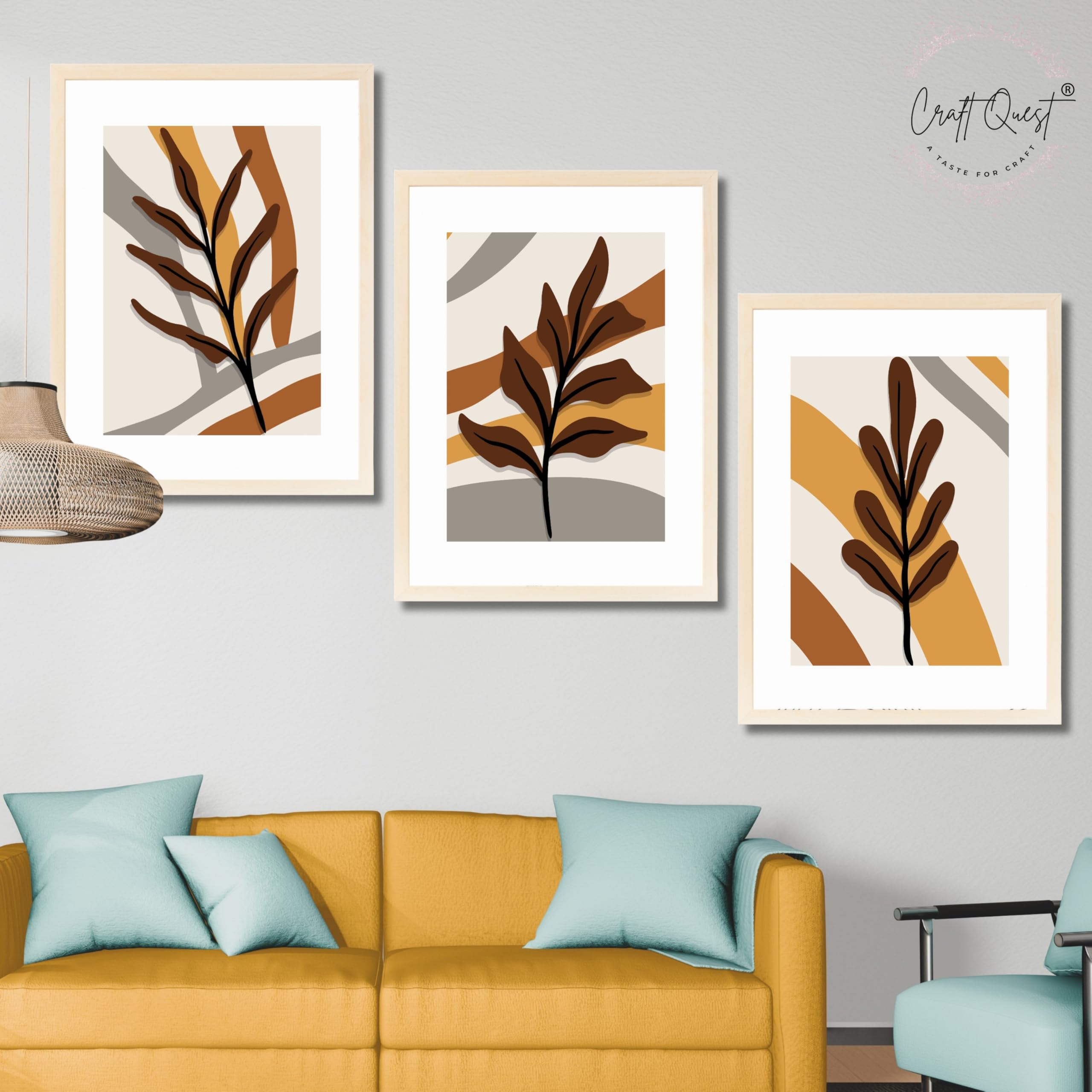 CRAFT QUEST Wall Art Decor Paintings | Set of 3 BOHO Wall Art Frames for Home Decoration | Ideal for Living Room, Bedrooms & Offices