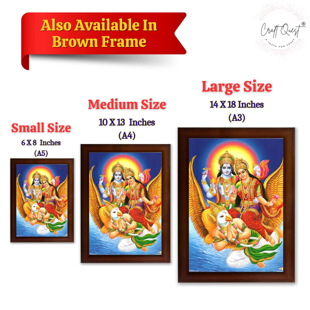 CRAFT QUEST Lord Vishnu and Goddess Lakshmi Giving Blessing on Garud Jii, Glitter Work Painting wooden framed