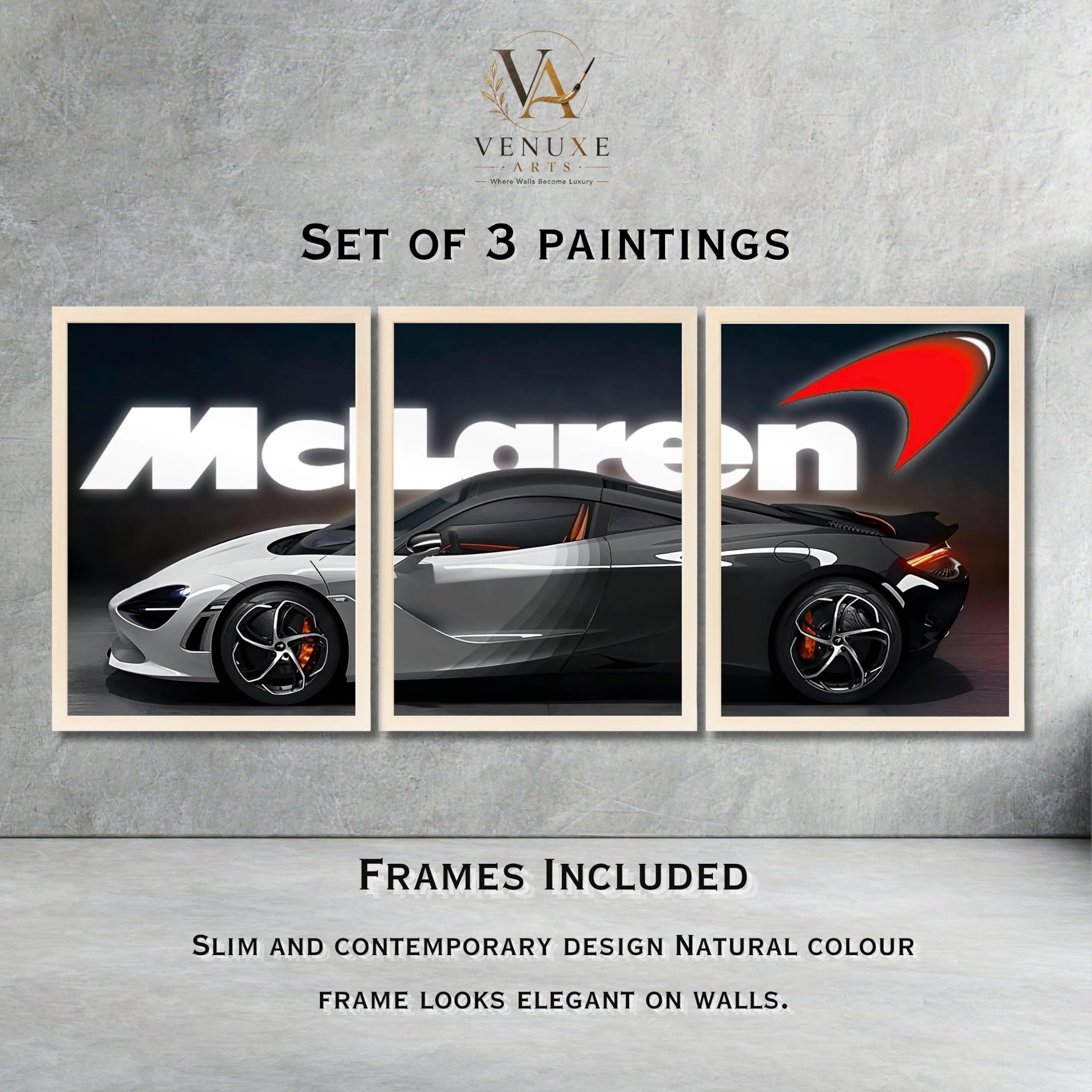 VENUXE ARTS Set Of 3 Big Sports Cars Framed Posters Gift Items for Boys Room Wall Decoration Bedroom Living Room Office Studio Décor | Car Poster Frame for Wall Décor