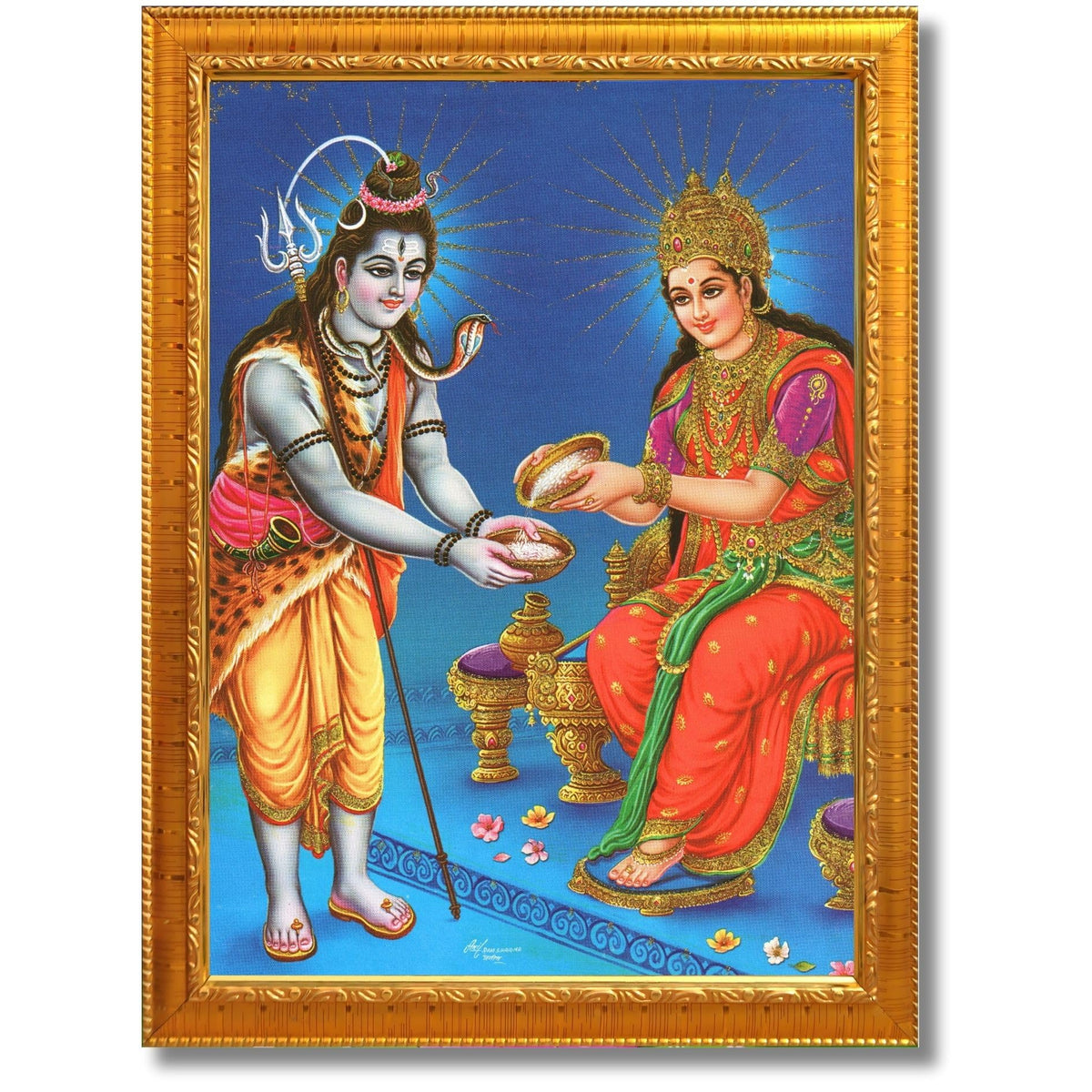 CRAFT QUEST Shiva & Maa Annapurna devi sitting on throne photo frame with Laminated Poster for Kitchen Worship