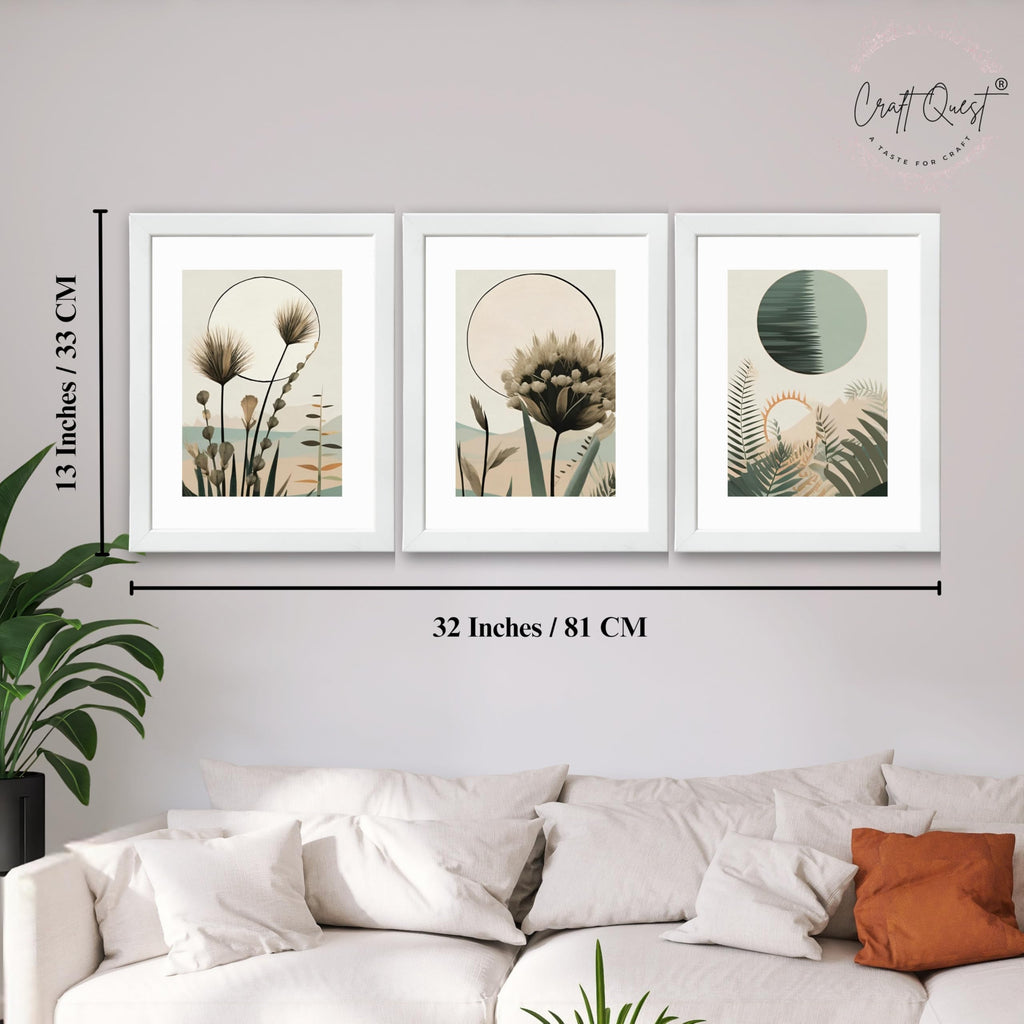CRAFT QUEST Boho Abstract Flowers & Leaves | Set of 3 Frames for Home Decoration | Ideal for Living Room, Bedroom & Offices