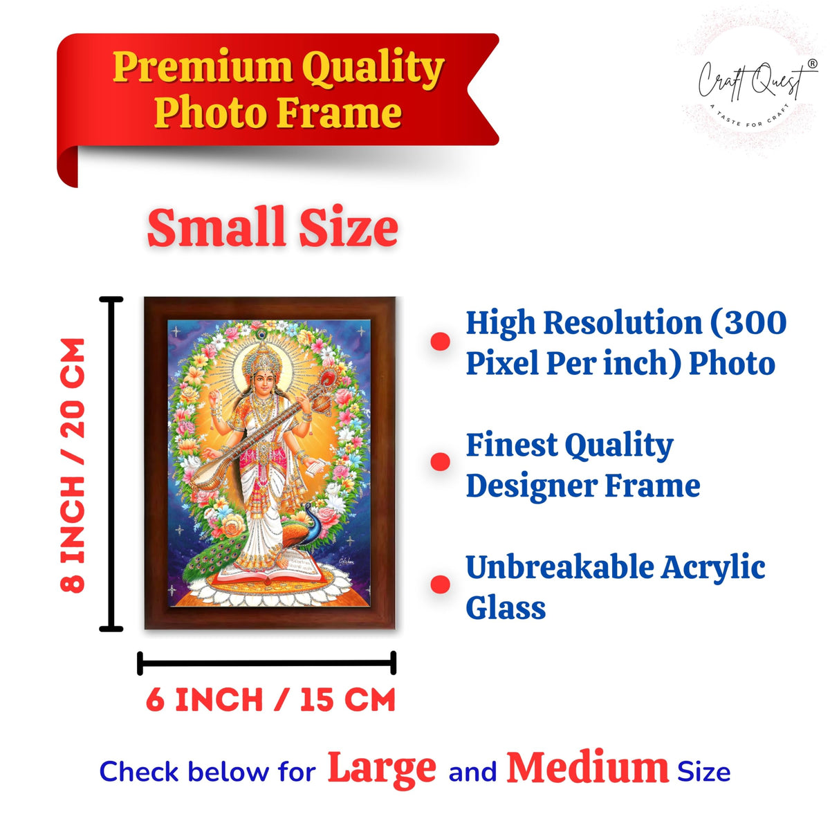 CRAFT QUEST Saraswati Devi Goddess Saraswati Maa Wall Painting Sparkle Coated Framed Home Decor wooden framed