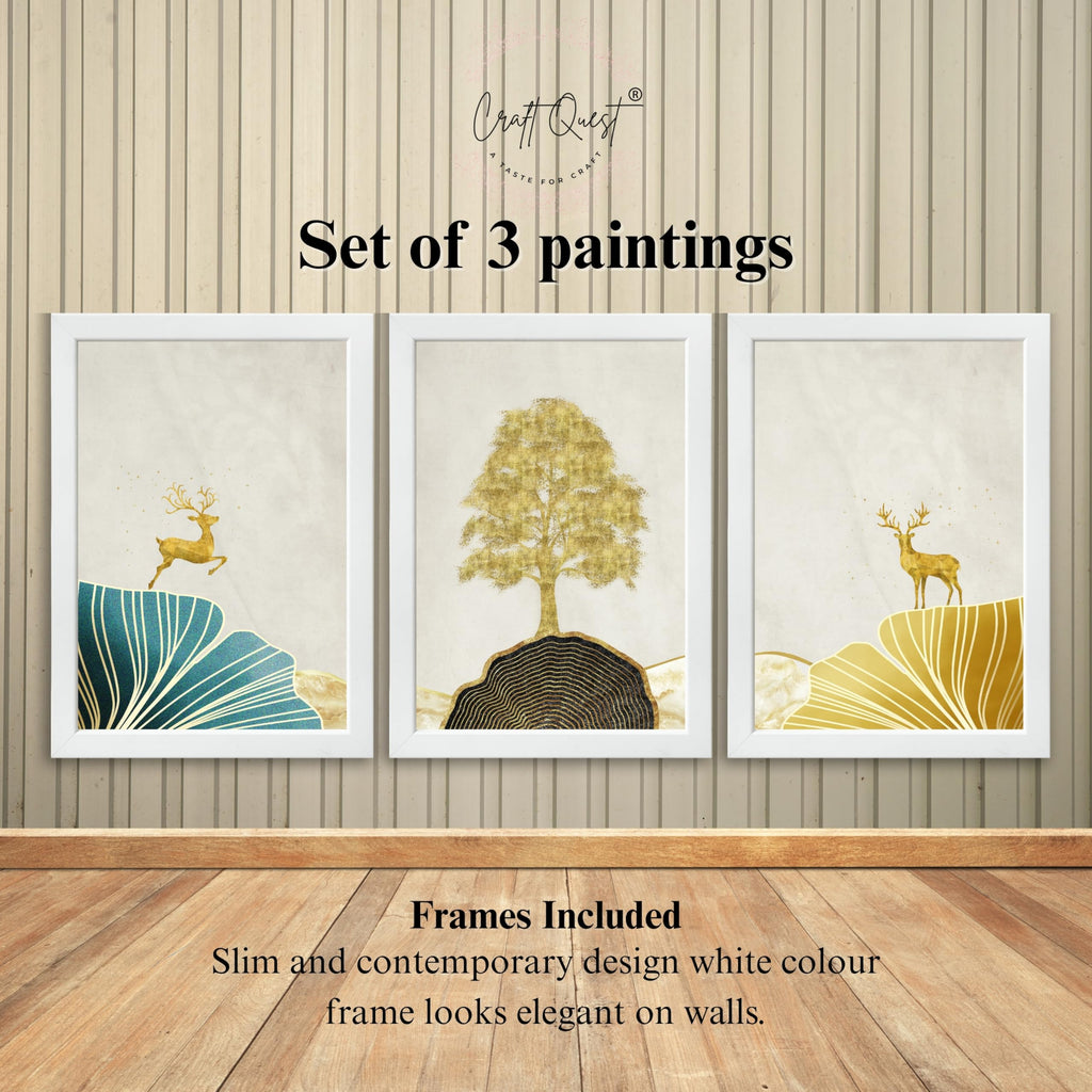 CRAFT QUEST Modern Art Landscape Of Golden Tree & Deer Wall Art | Set of 3 Frames for Home Decoration | Ideal for Living Room, Bedroom & Offices