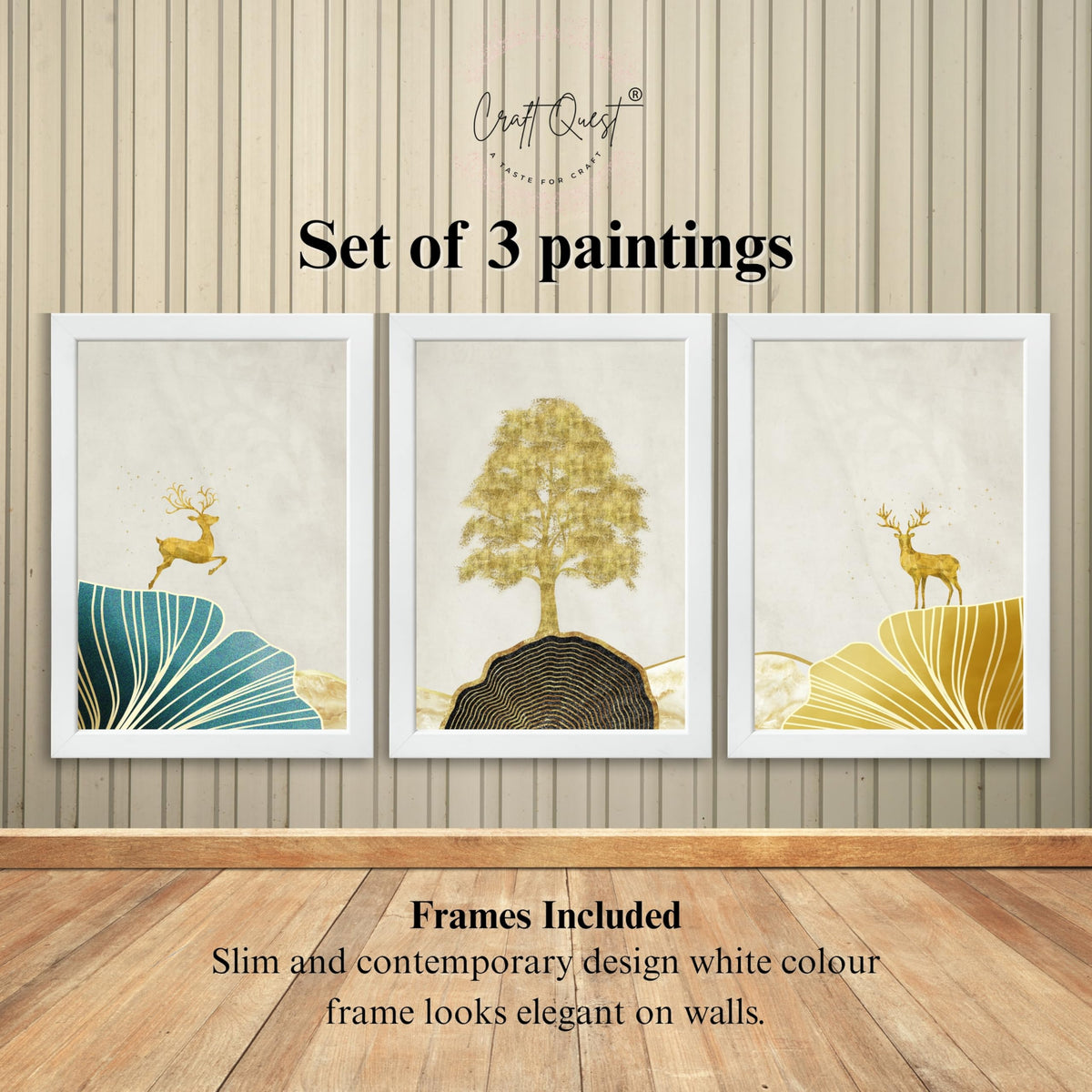 CRAFT QUEST Modern Art Landscape Of Golden Tree & Deer Wall Art | Set of 3 Frames for Home Decoration | Ideal for Living Room, Bedroom & Offices