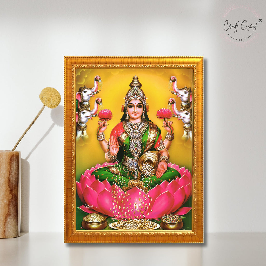 CRAFT QUEST Goddess Lakshmi Mata Devi Vaibhav Laxmi Maa Wall Painting Photo Framed | Ideal for Home, Office, Temple & Puja Room, Wall Decor
