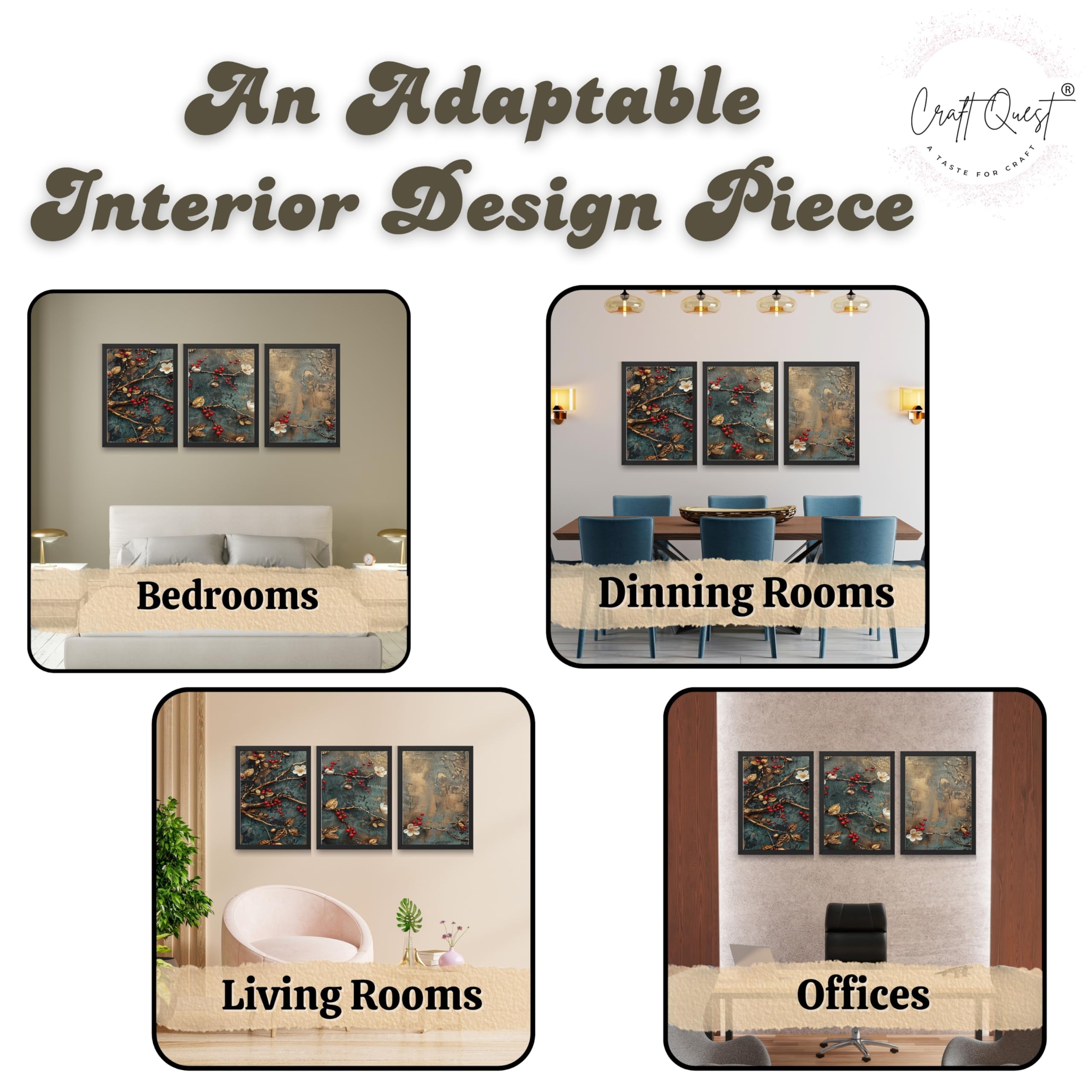 CRAFT QUEST Nature Inspired Modern Wall Art | Set of 3 Frames for Home Decoration | Ideal for Living Room, Bedroom & Offices