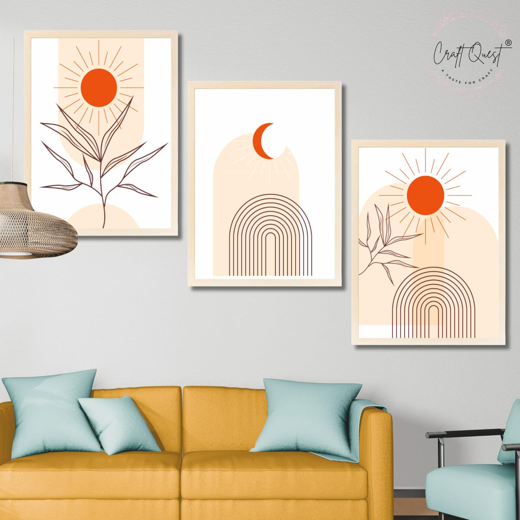 CRAFT QUEST Wall Art Decor Paintings | Set of 3 BOHO Wall Art Frames for Home Decoration | Ideal for Living Room, Bedroom & Office
