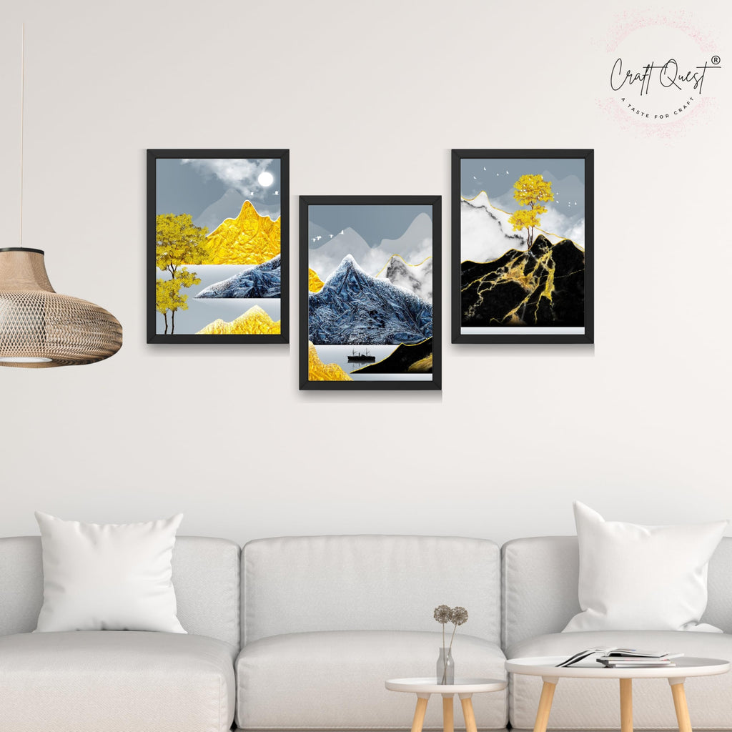 CRAFT QUEST Modern Art Abstract Ink Landscape Wall Art | Set of 3 Frames for Home Decoration | Ideal for Living Room, Bedroom & Offices