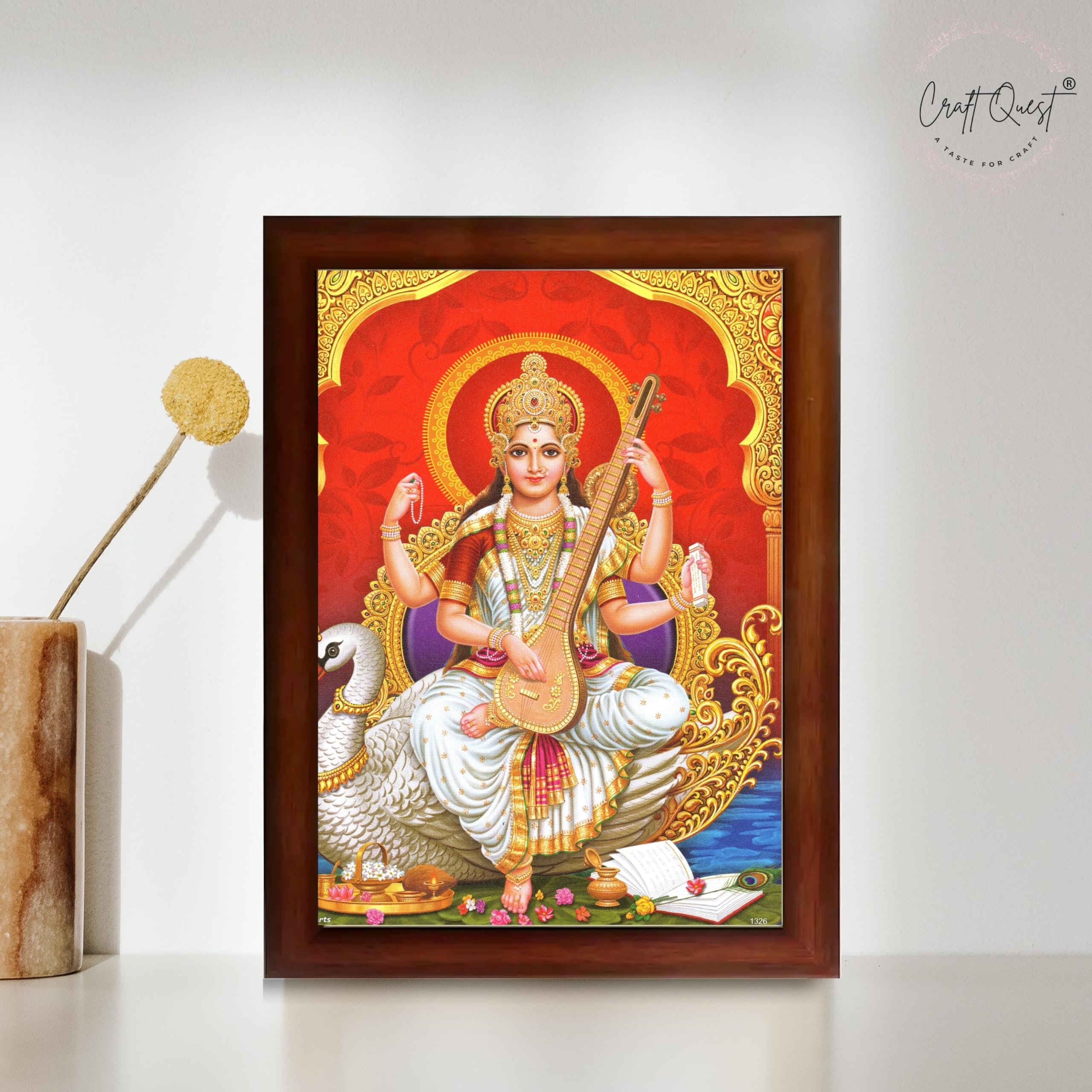 CRAFT QUEST Saraswati Devi Goddess Saraswathi Maa Wall Painting Framed For Home Décor Synthetic wood Framed
