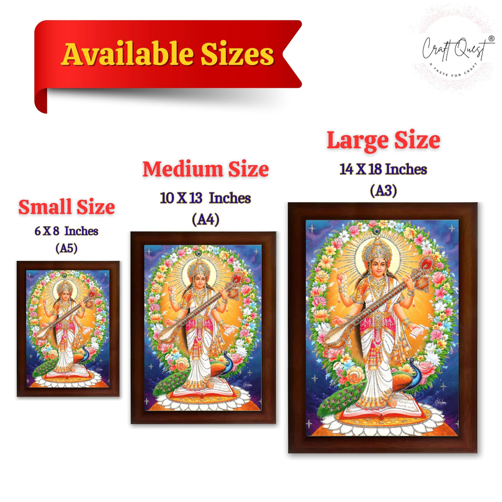 CRAFT QUEST Saraswati Devi Goddess Saraswati Maa Wall Painting Sparkle Coated Framed Home Decor wooden framed