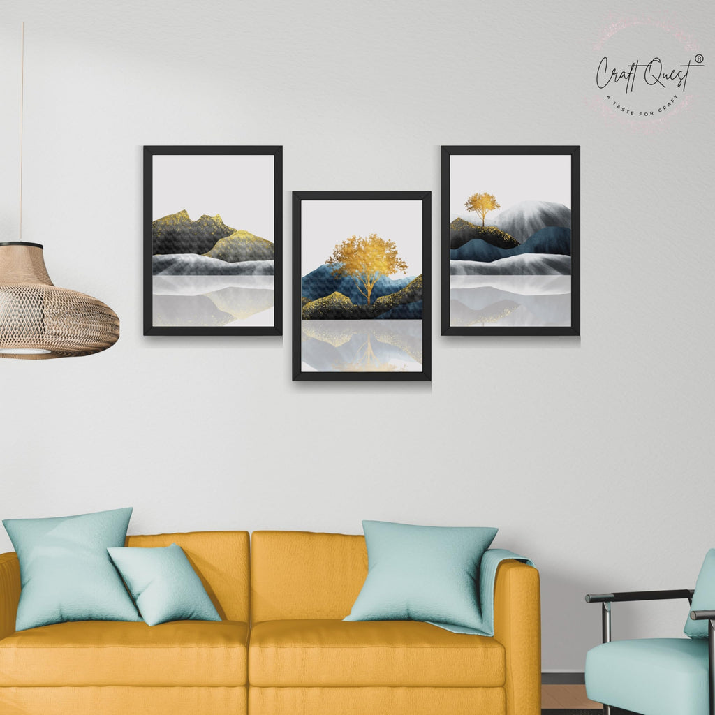 CRAFT QUEST Modern Abstract Golden Trees & Mountains | Set of 3 Frames for Home Decoration | Ideal for Living Room, Bedroom & Offices
