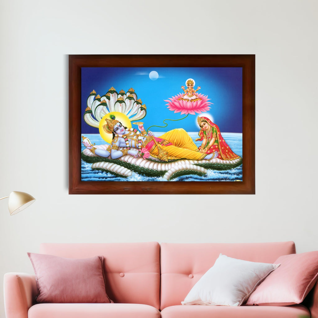 CRAFT QUEST Lord Vishnu and Goddess Lakshmi Giving Blessing on Shesh naag, landscape Glitter Painting with Golden Synthetic Frame