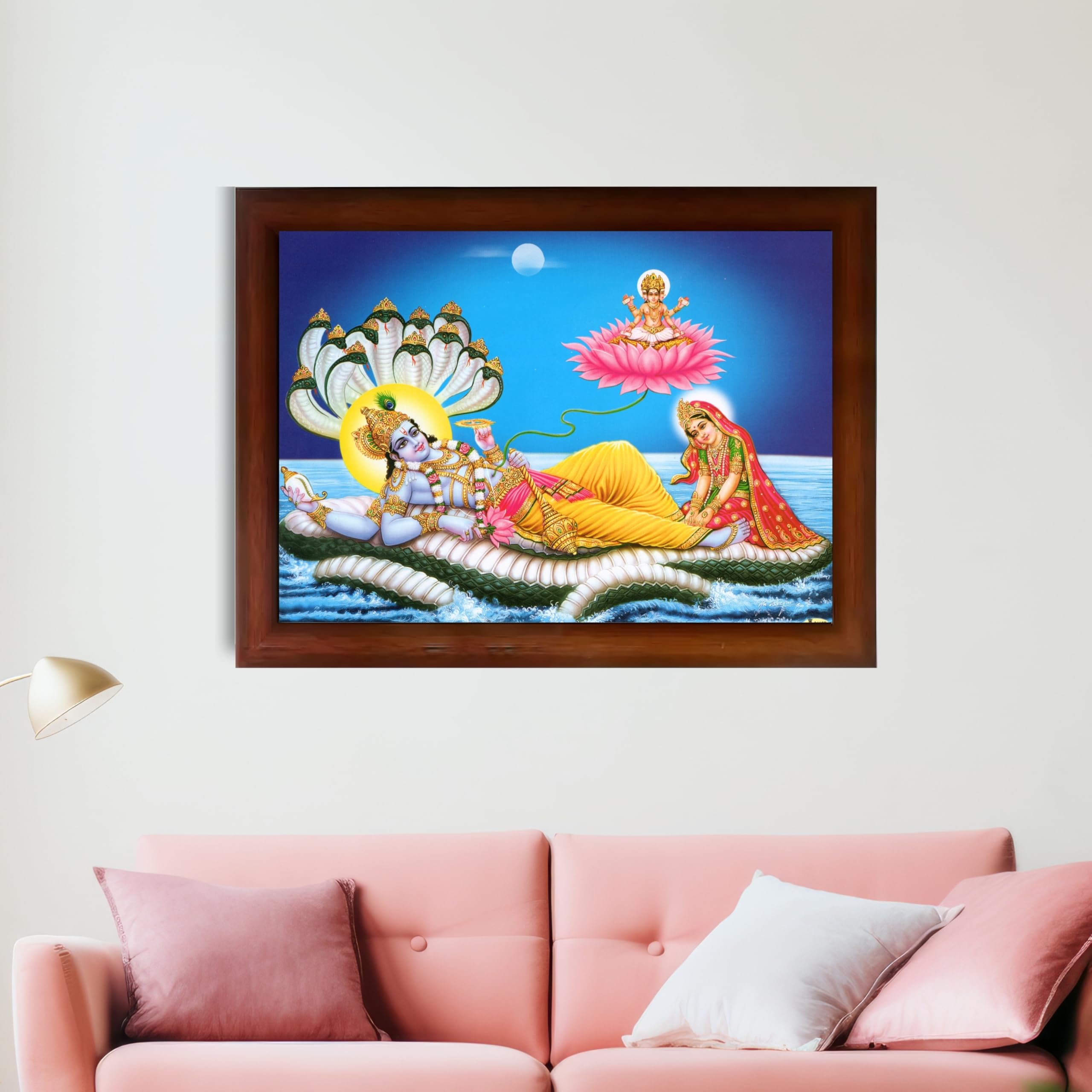 CRAFT QUEST Lord Vishnu and Goddess Lakshmi Giving Blessing on Shesh naag, landscape Glitter Painting with Golden Synthetic Frame