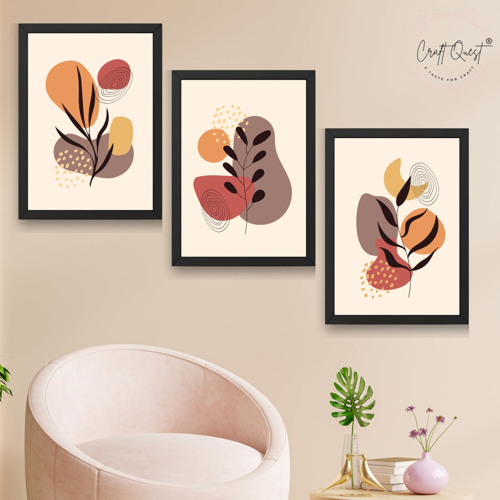 CRAFT QUEST Wall Art Decor Paintings | Set of 3 BOHO Wall Art Frames for Home Decoratio | Ideal for Living Room, Office & Bedrooms