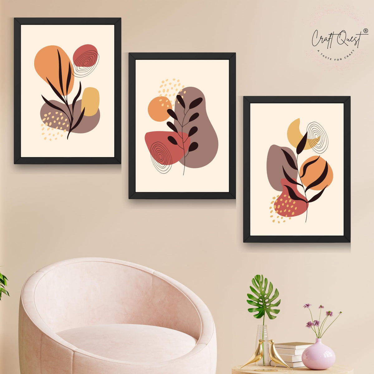 CRAFT QUEST Wall Art Decor Paintings | Set of 3 BOHO Wall Art Frames for Home Decoratio | Ideal for Living Room, Office & Bedrooms