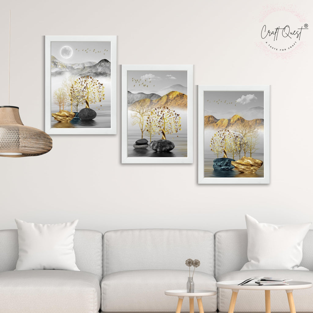 CRAFT QUEST Modern Art Landscape Golden Tree,Birds & Mountains Wall Art | Set of 3 Frames for Home Decoration | Ideal for Living Room, Bedroom & Offices
