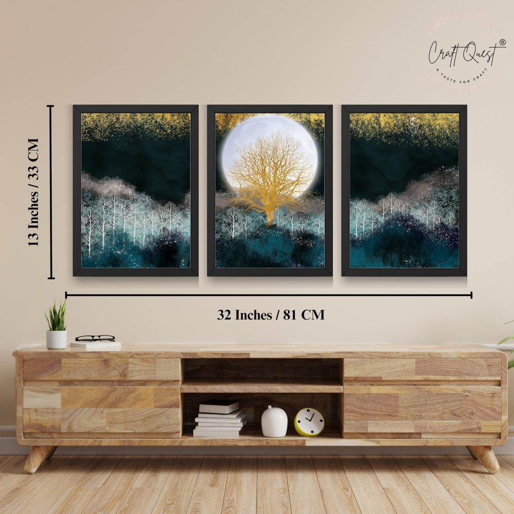 CRAFT QUEST Modern Art Christmas Trees & Mountains Landscape Wall Art | Set of 3 Frames for Home Decoration | Ideal for Living Room, Bedroom & Offices