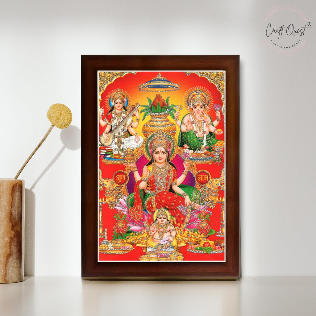 CRAFT QUEST Lord Laxmi Ganesh Saraswati Ji Religious Hindu Photo Frame for Wall, Table, Office, Temple, Pooja, Living Room and Home Decor Item