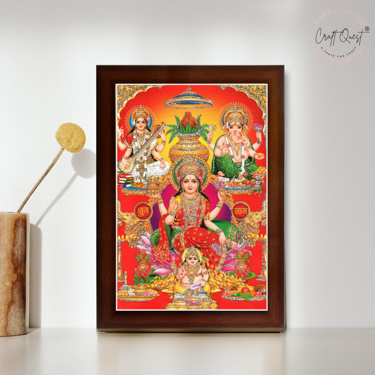 CRAFT QUEST Lord Laxmi Ganesh Saraswati Ji Religious Hindu Photo Frame for Wall, Table, Office, Temple, Pooja, Living Room and Home Decor Item