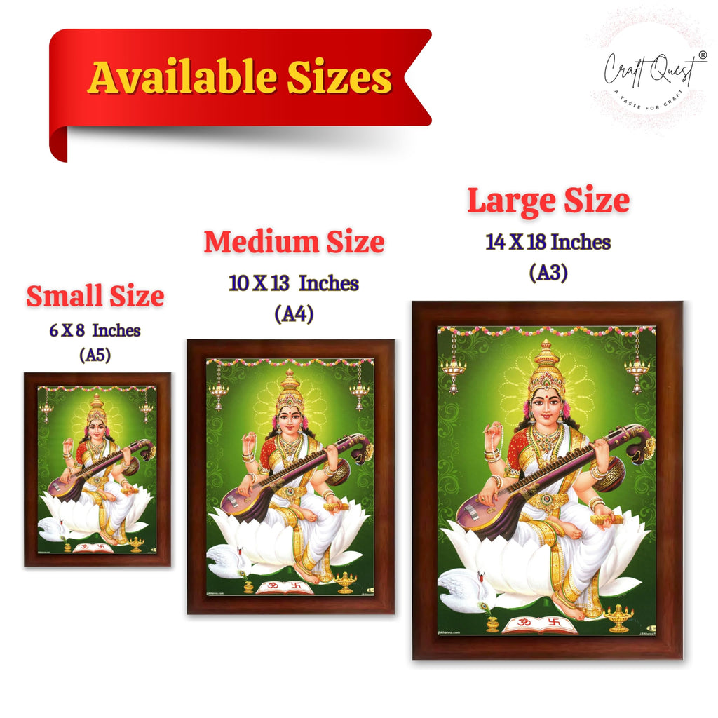 CRAFT QUEST Saraswati Devi Goddess Saraswathi Maa Wall Painting Sparkle Coated Framed Home Décor