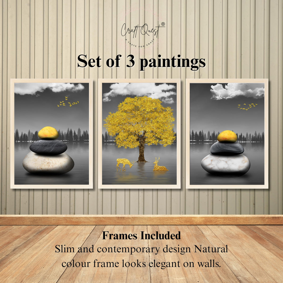 CRAFT QUEST Modern Art Geometric Landscapes Wall Art | Set of 3 Frames for Home Decoration | Ideal for Living Room, Bedroom & Offices