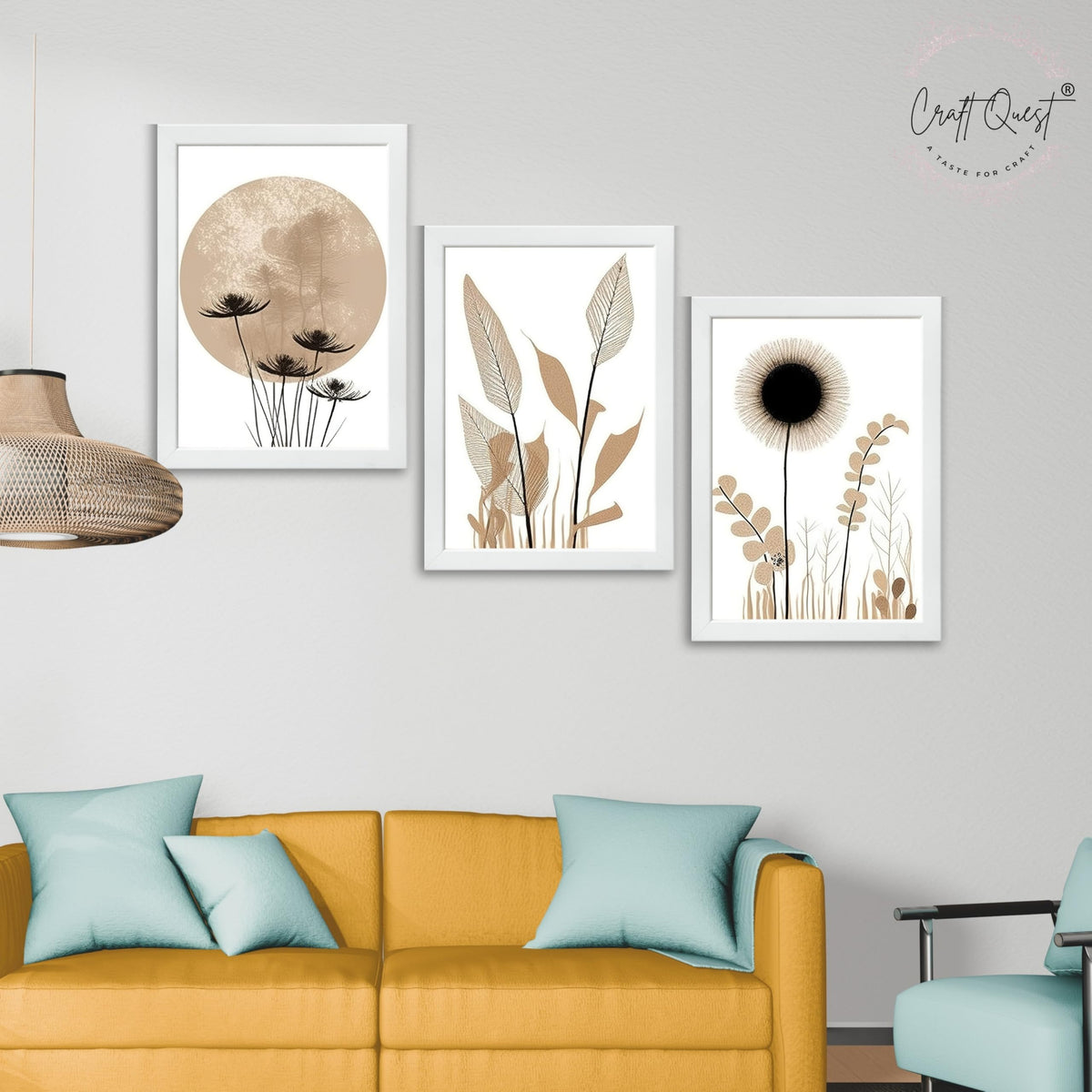 CRAFT QUEST Boho Minimalist Abstract Wall Art | Set of 3 Frames for Home Decoration | Ideal for Living Room, Bedroom & Offices