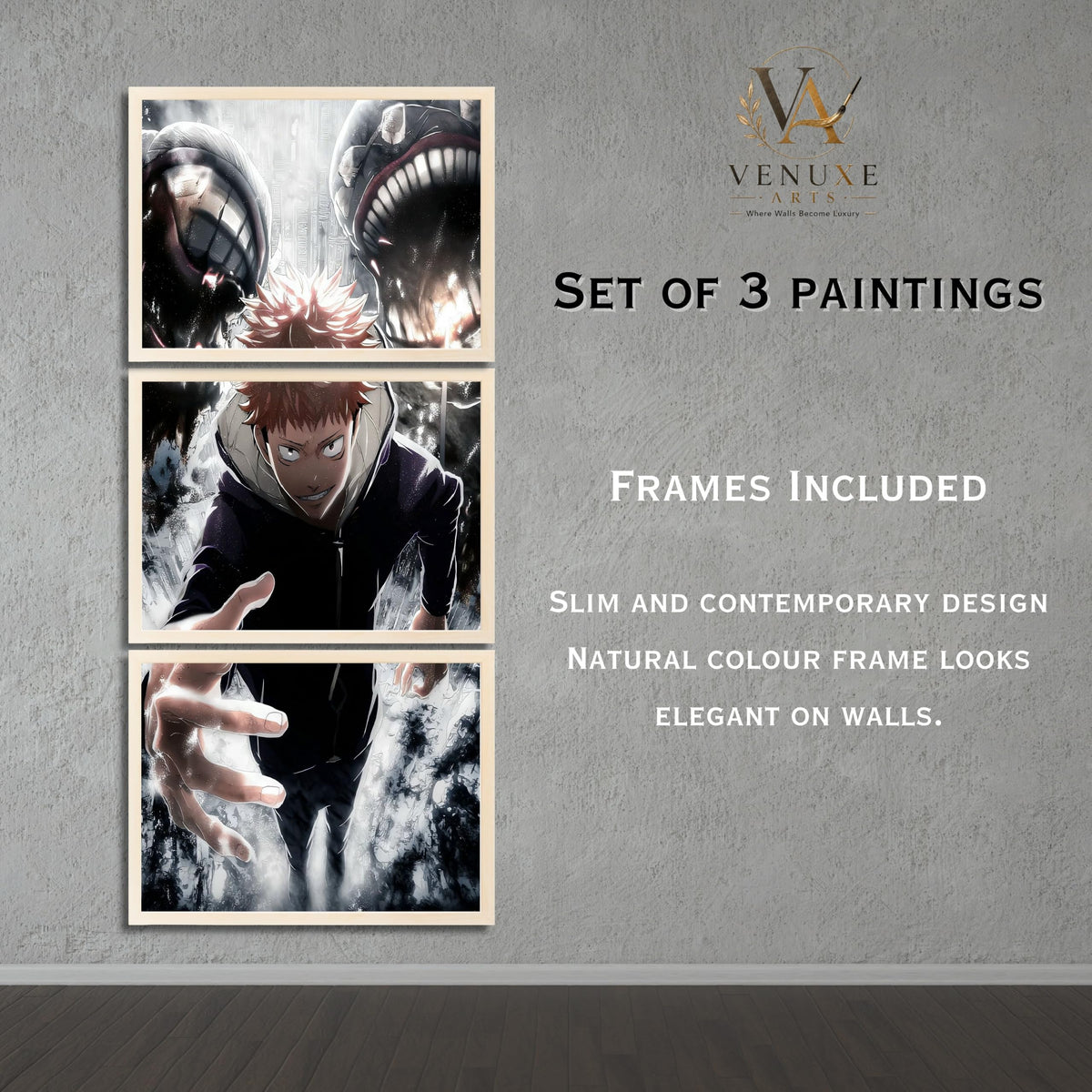 VENUXE ARTS Set Of 3 Anime Characters Wall Framed |Anime Characters Framed Poster for Living Room Bedroom Gaming Room Studio Wall Decor