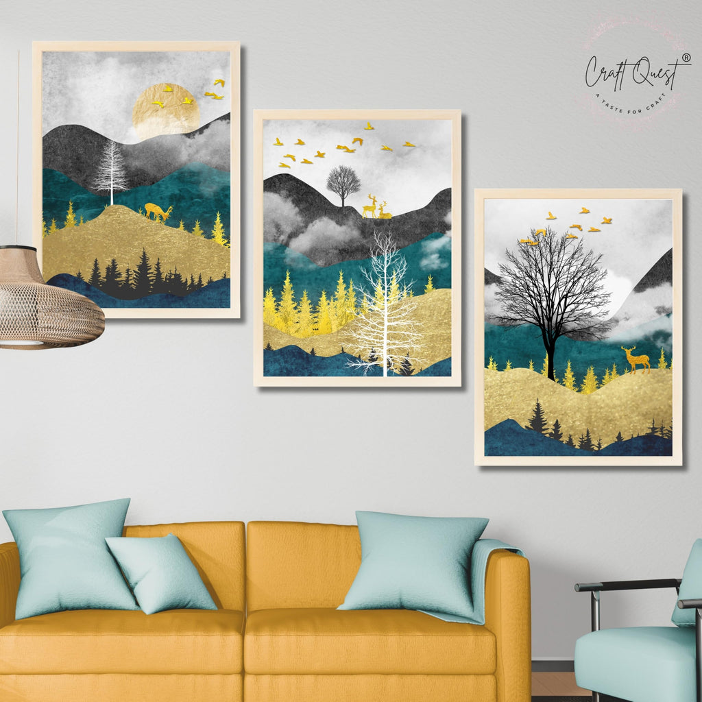 CRAFT QUEST Artistic Composed Abstract Geometric Gold Lines | Set of 3 Frames for Home Decoration | Ideal for Living Room, Bedroom & Offices
