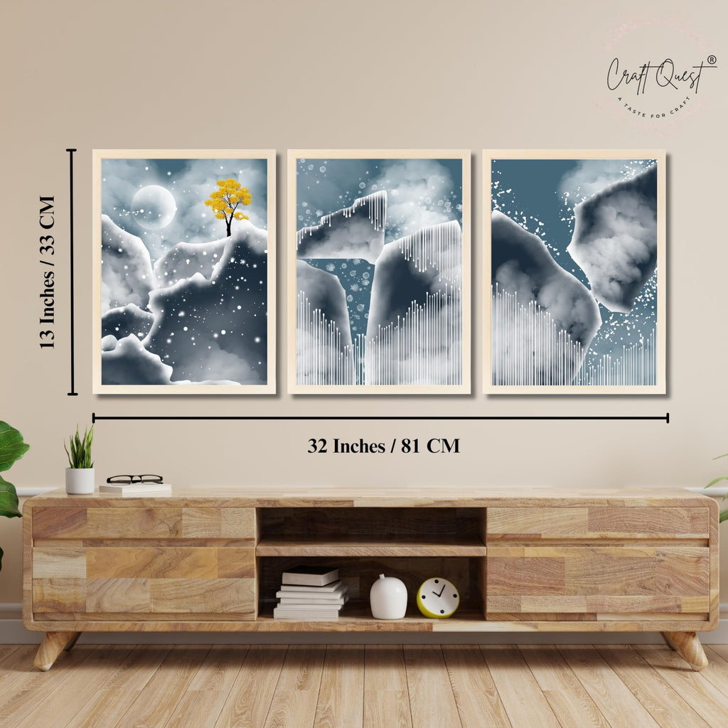 CRAFT QUEST Modern Art Abstract Blue Landscape Wall Art | Set of 3 Frames for Home Decoration | Ideal for Living Room, Bedroom & Offices