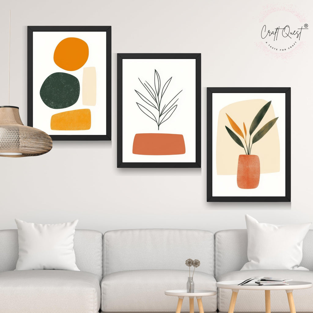CRAFT QUEST SET OF 3 Organic Abstract Wall Art | Set of 3 Frames for Home Decoration | Ideal for Living Room, Bedroom & Offices