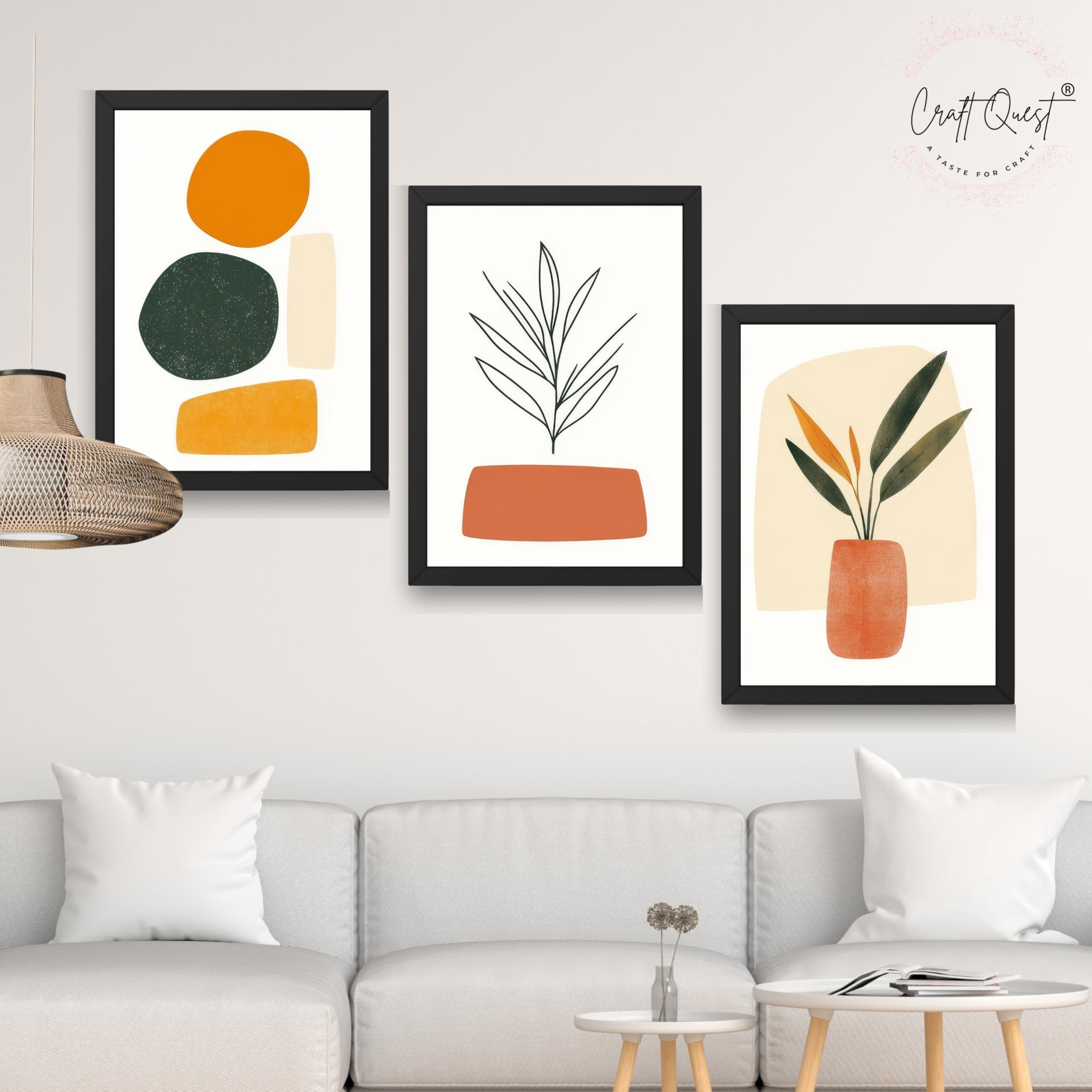 CRAFT QUEST SET OF 3 Organic Abstract Wall Art | Set of 3 Frames for Home Decoration | Ideal for Living Room, Bedroom & Offices