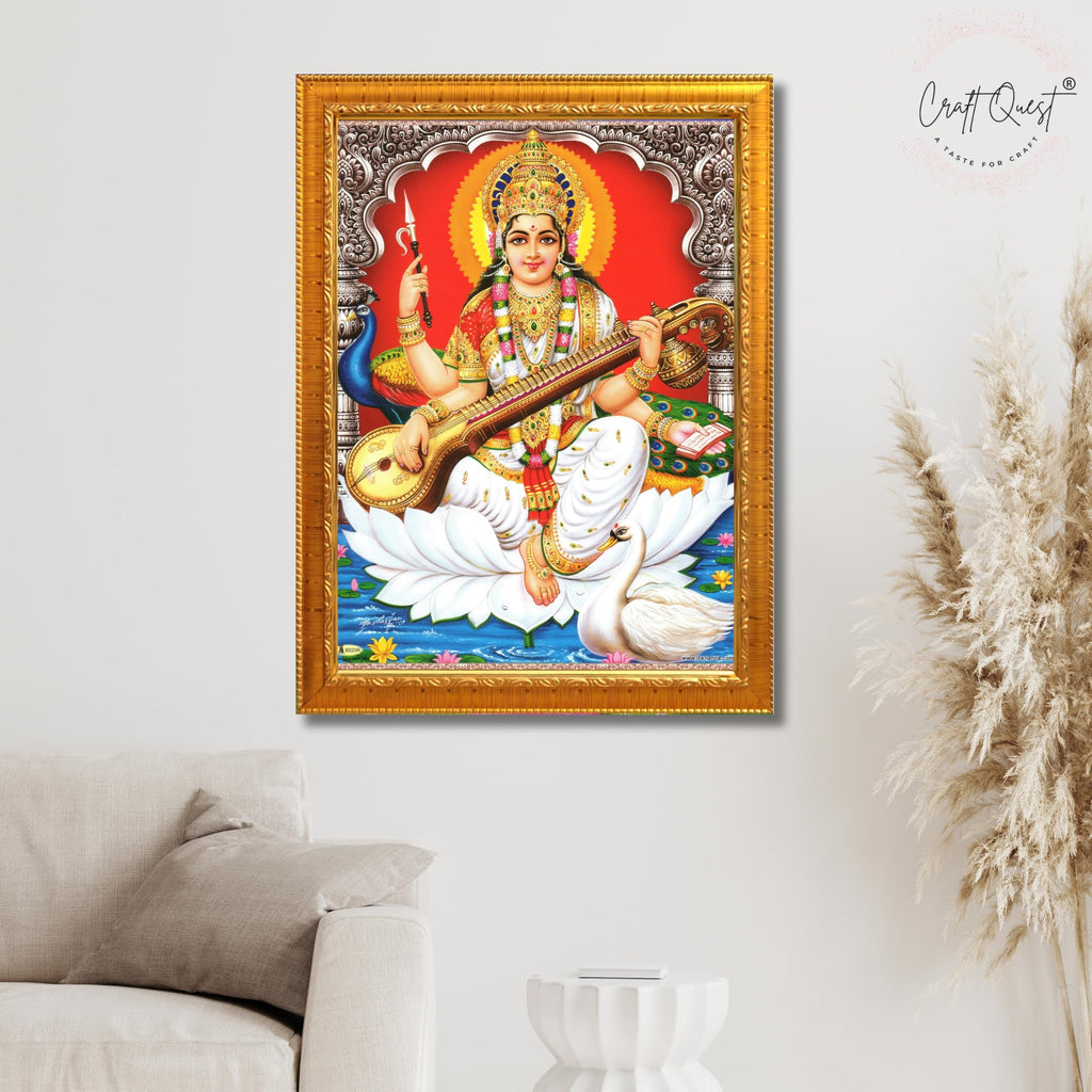 CRAFT QUEST Saraswati Devi Goddess Saraswathi Maa Wall Painting Sparkle Coated Framed Home Décor Synthetic wooden Frame