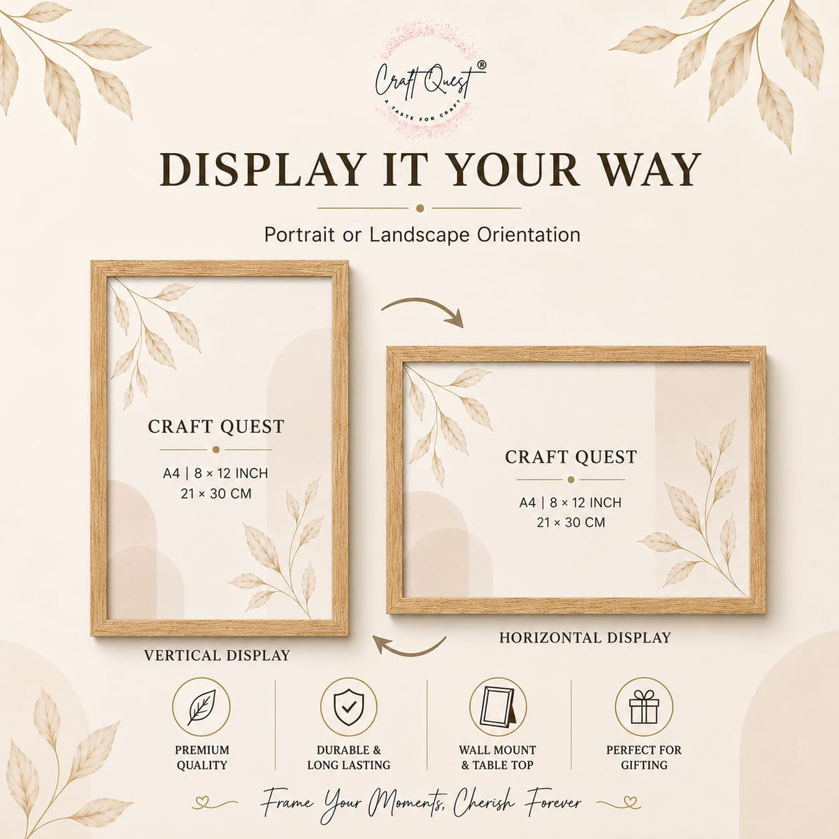 CRAFT QUEST 4X6 Inch Size synthetic Wall Mount Photo frames Single For Home Decoration, Living Room, Office Decoration (Natural, Set of 1)