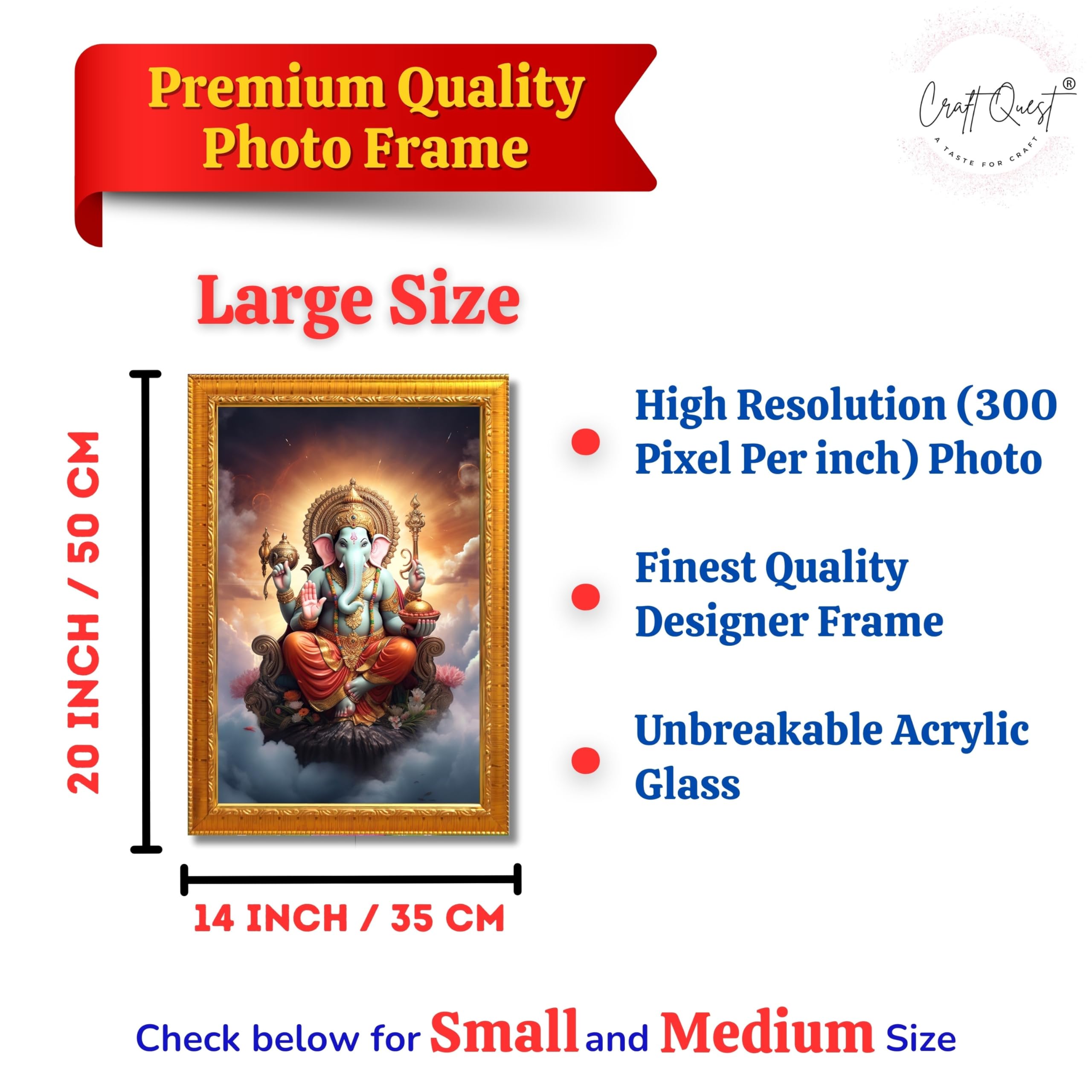 CRAFT QUEST God Ganesha Ganpati ji Photo Frame Wall Decor Mandir Pooja Poster Religious Painting Divine Hindu Temple Decoration Spiritual Blessings Home Office Gift